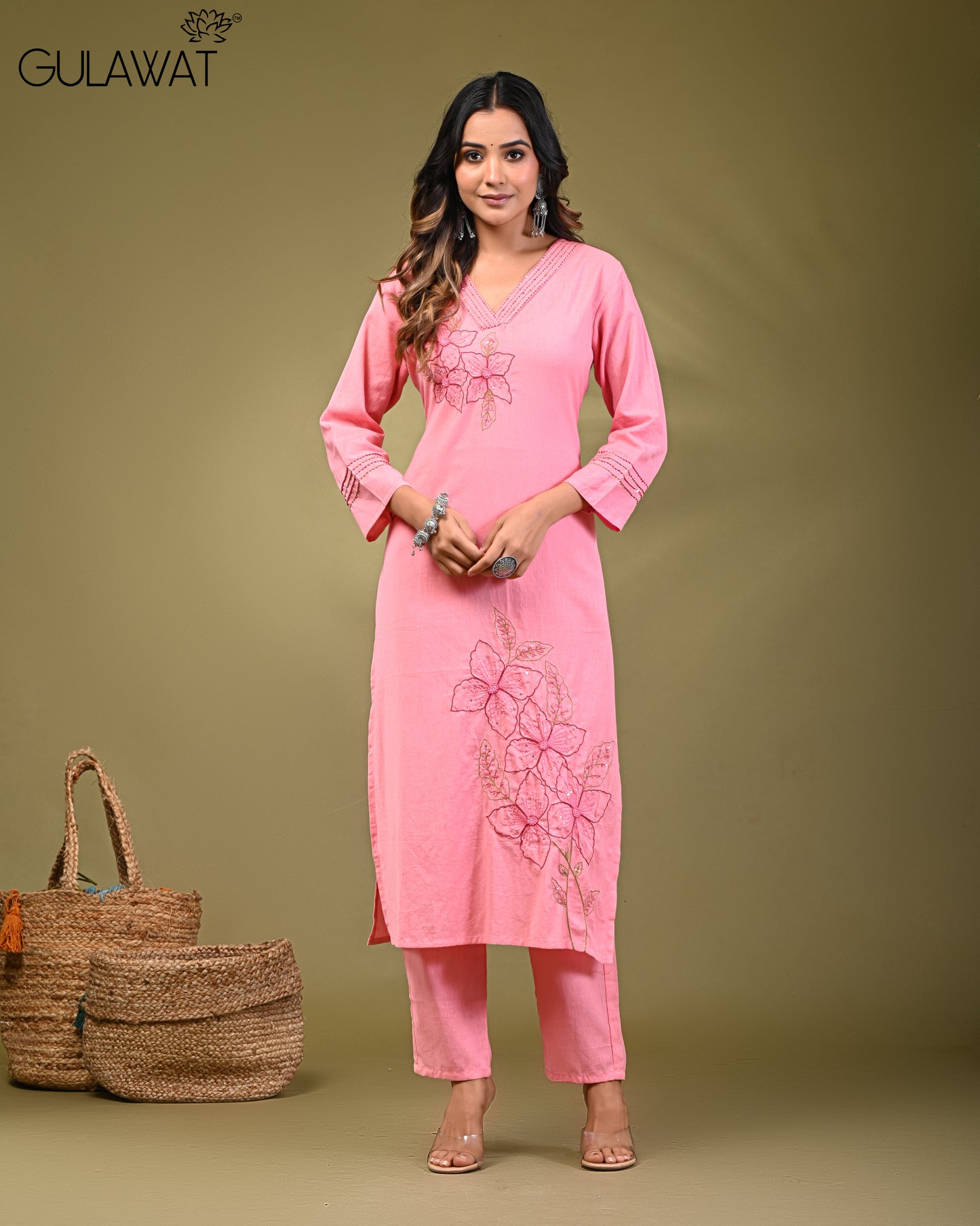 PINK PURE KHADI FLEX COTTON WITH DIGITAL WORK BY GULAWAT