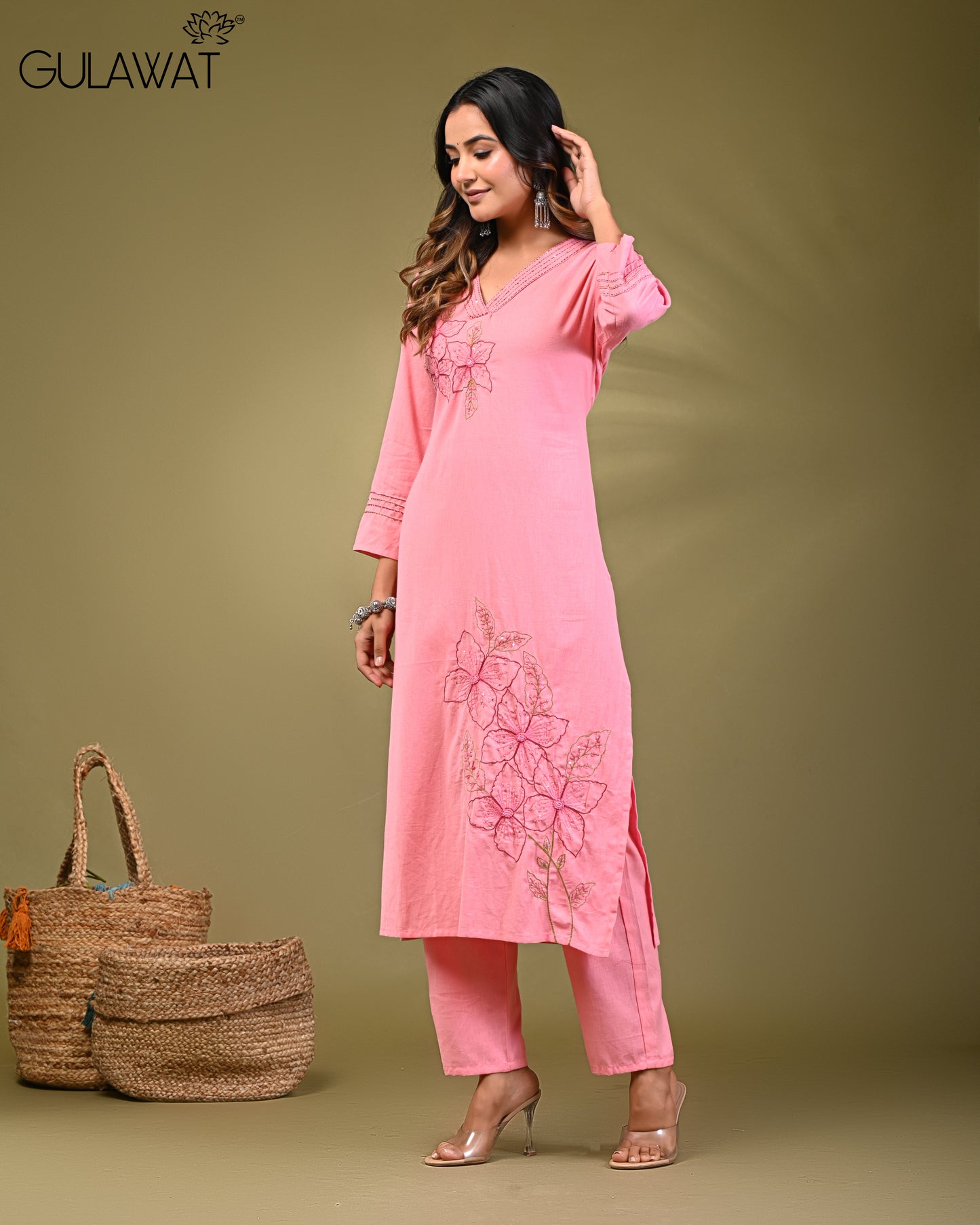 PINK PURE KHADI FLEX COTTON WITH DIGITAL WORK BY GULAWAT