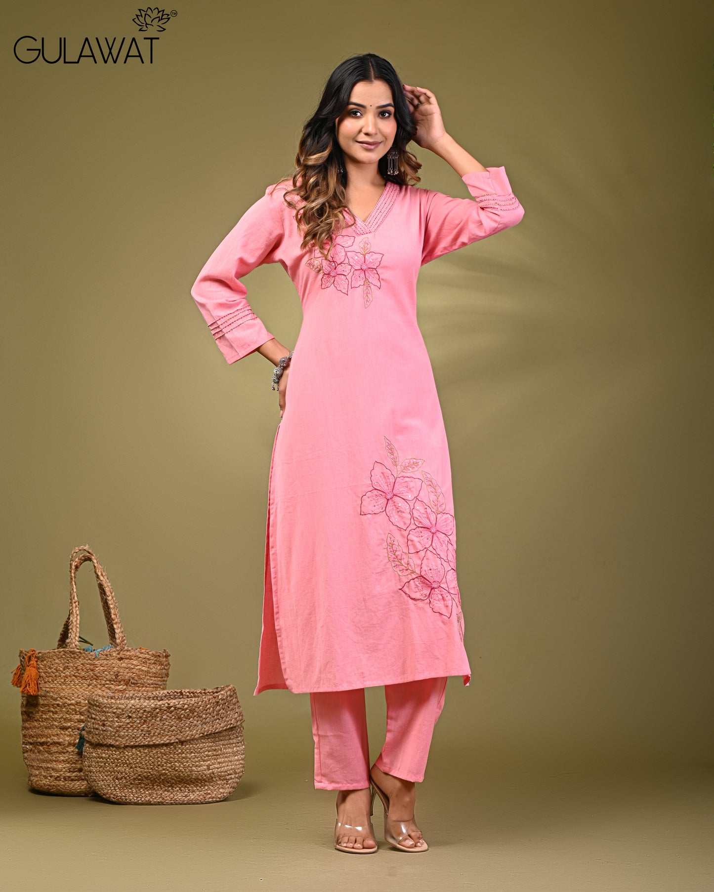 PINK PURE KHADI FLEX COTTON WITH DIGITAL WORK BY GULAWAT
