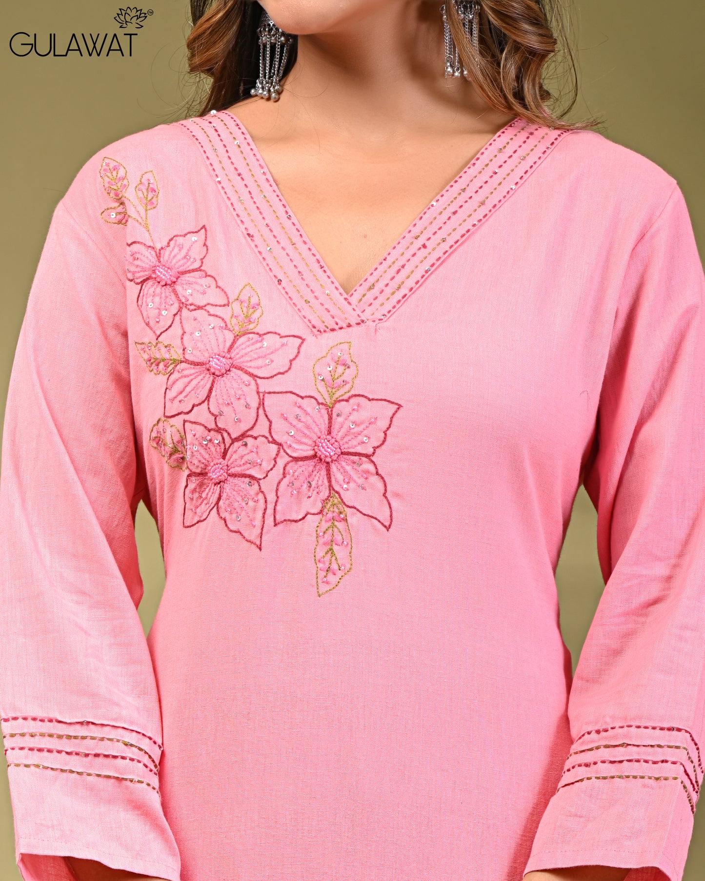 Pink Women Embroidered Pure Khadi Flex Cotton 2-Piece Set by Gulawat
