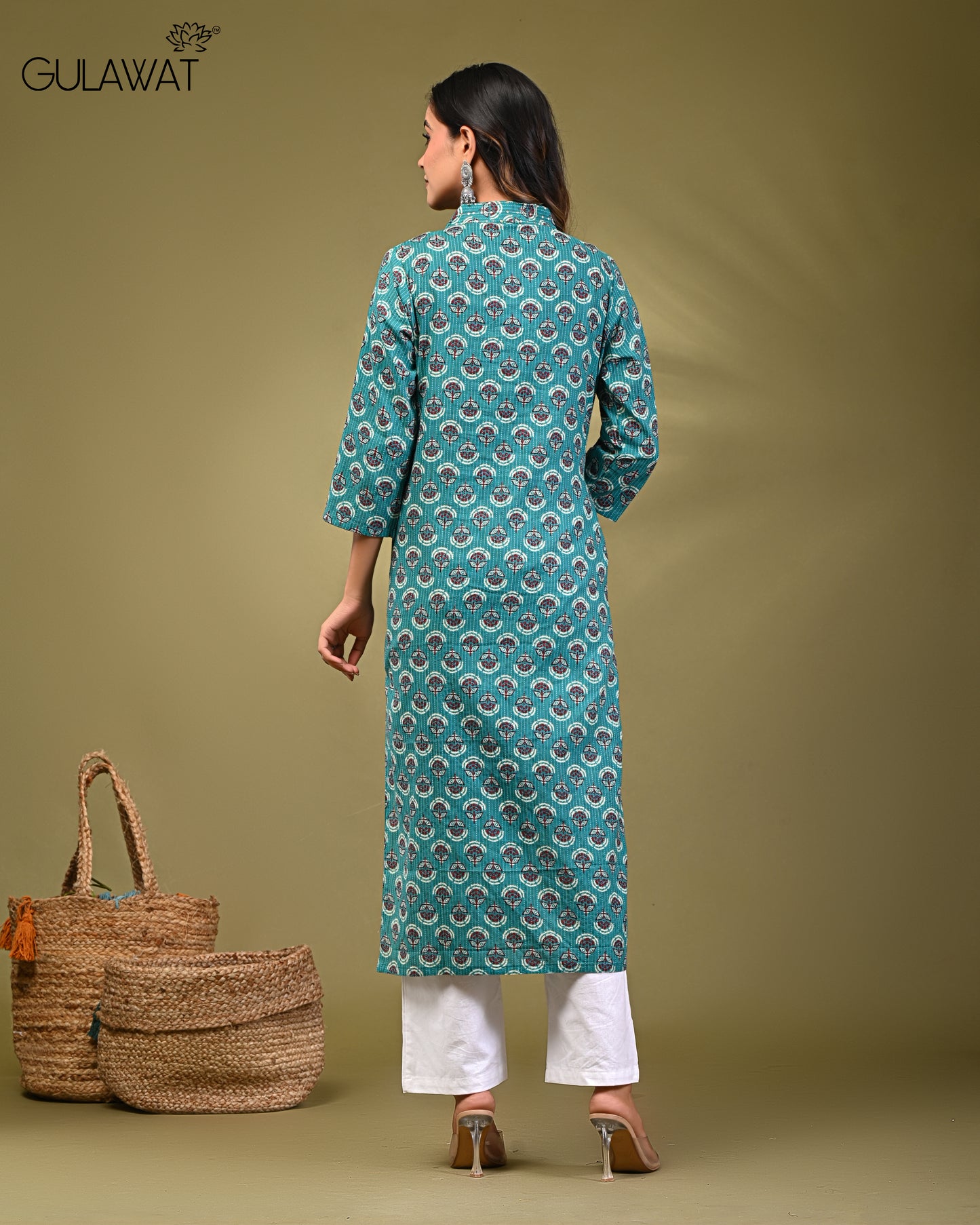 Women's Kurta Turquoise Blue Digital Printed V-Neck Kurti By Gulawat