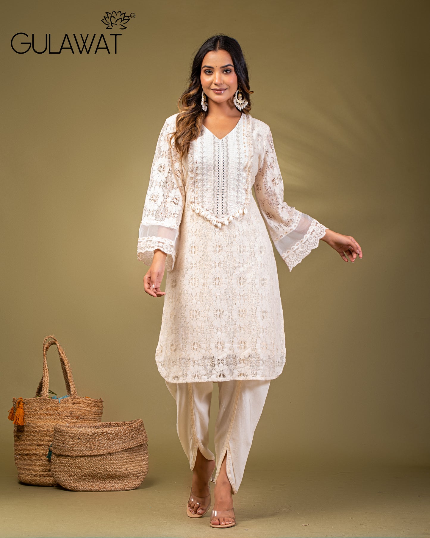 Gulawat Co-ords White Kurta in Pure Cotton with Chikan & Codi Work Embroidered Kurta