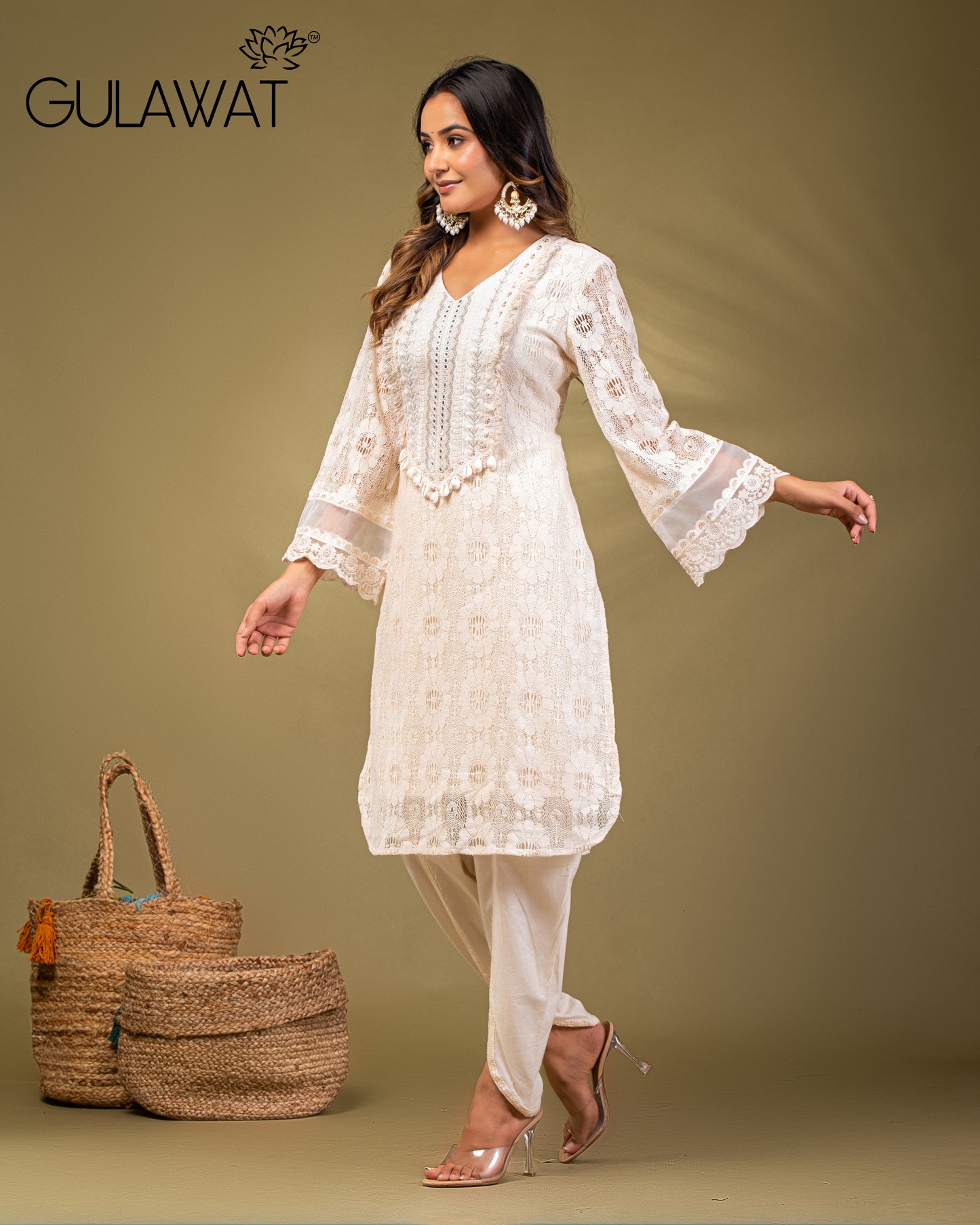 Gulawat Co-ords White Kurta in Pure Cotton with Chikan & Codi Work Embroidered Kurta