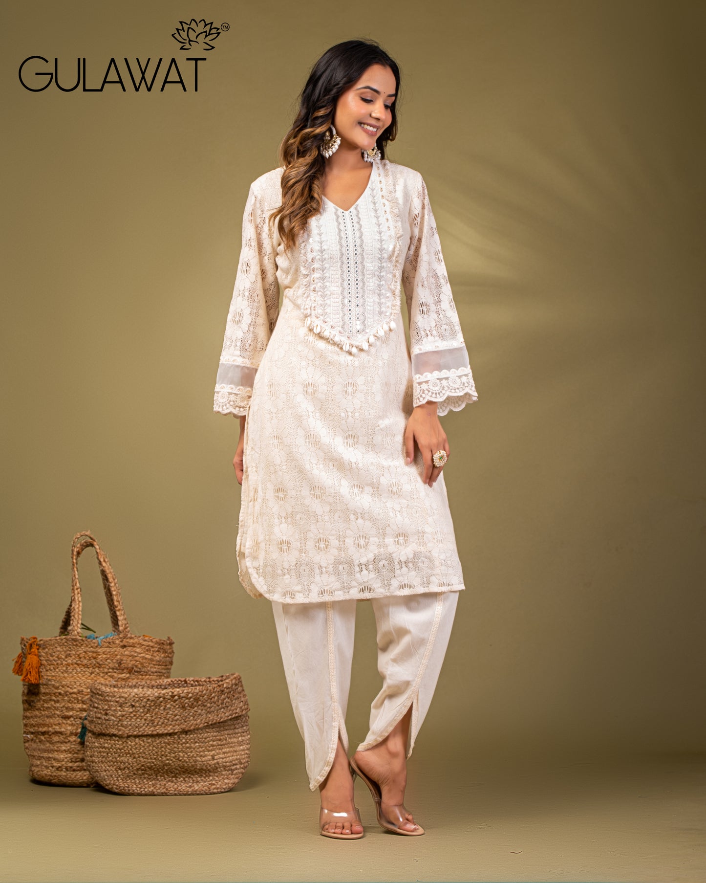 Gulawat Co-ords White Kurta in Pure Cotton with Chikan & Codi Work Embroidered Kurta