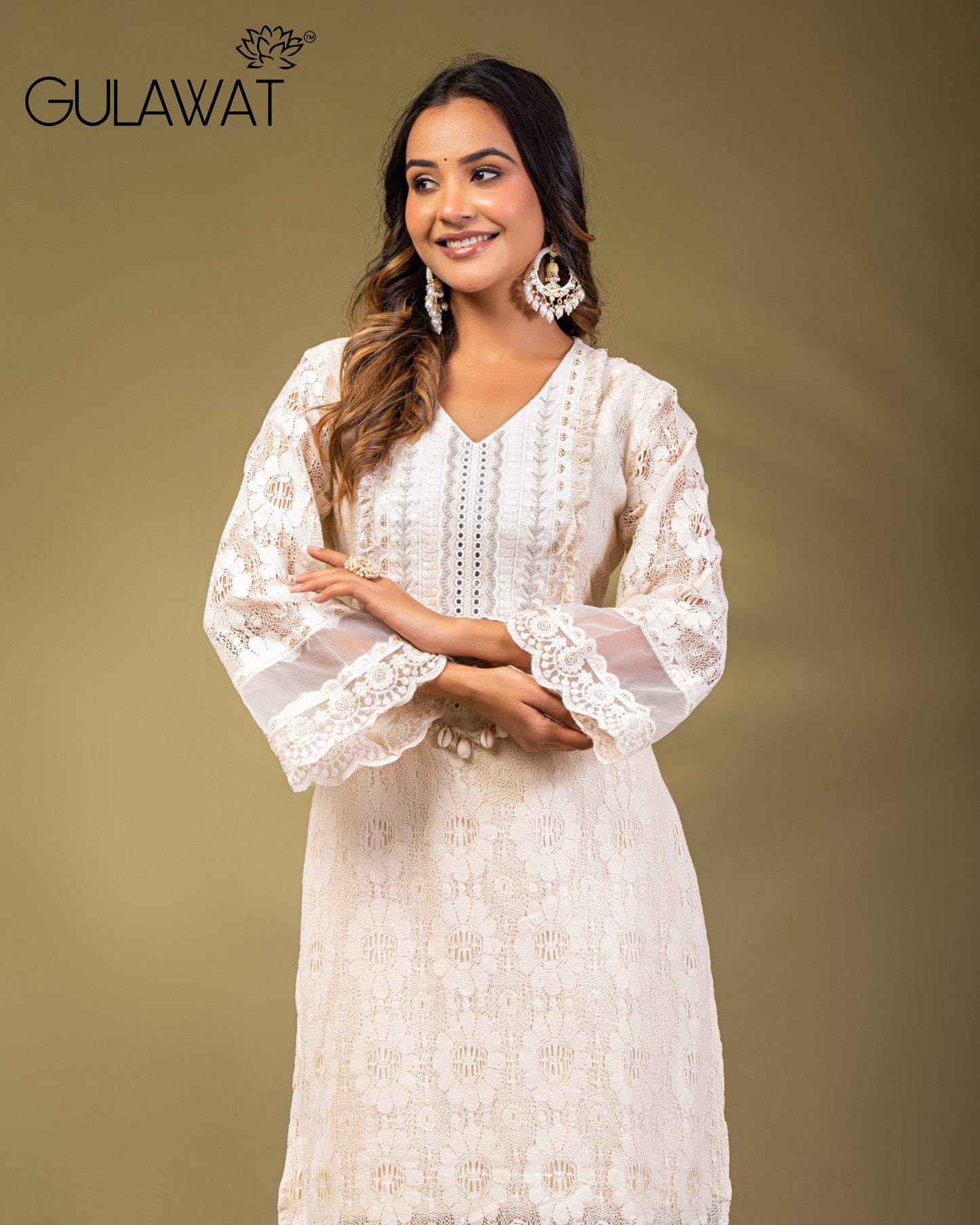 Gulawat Co-ords White Kurta in Pure Cotton with Chikan & Codi Work Embroidered Kurta