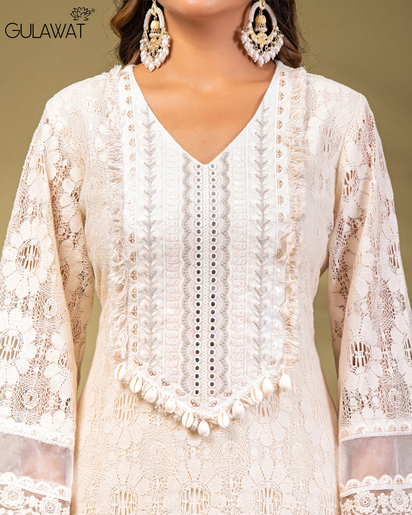Gulawat Co-ords White Kurta in Pure Cotton with Chikan & Codi Work Embroidered Kurta