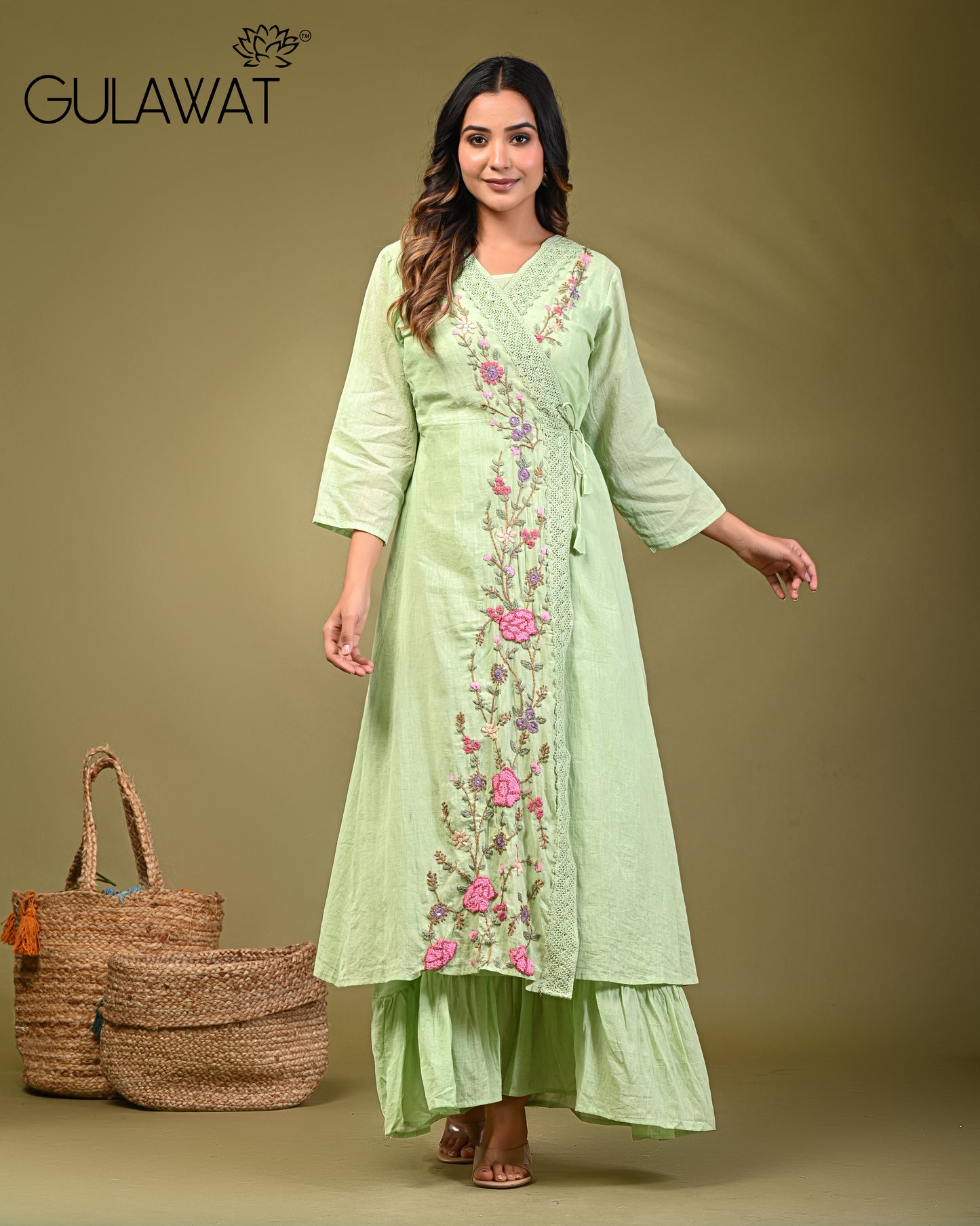 Gulawat Exclusive 2-Piece set Pure Mul Cotton Threadwork Angrakha Shrug Set with Inner & jacket