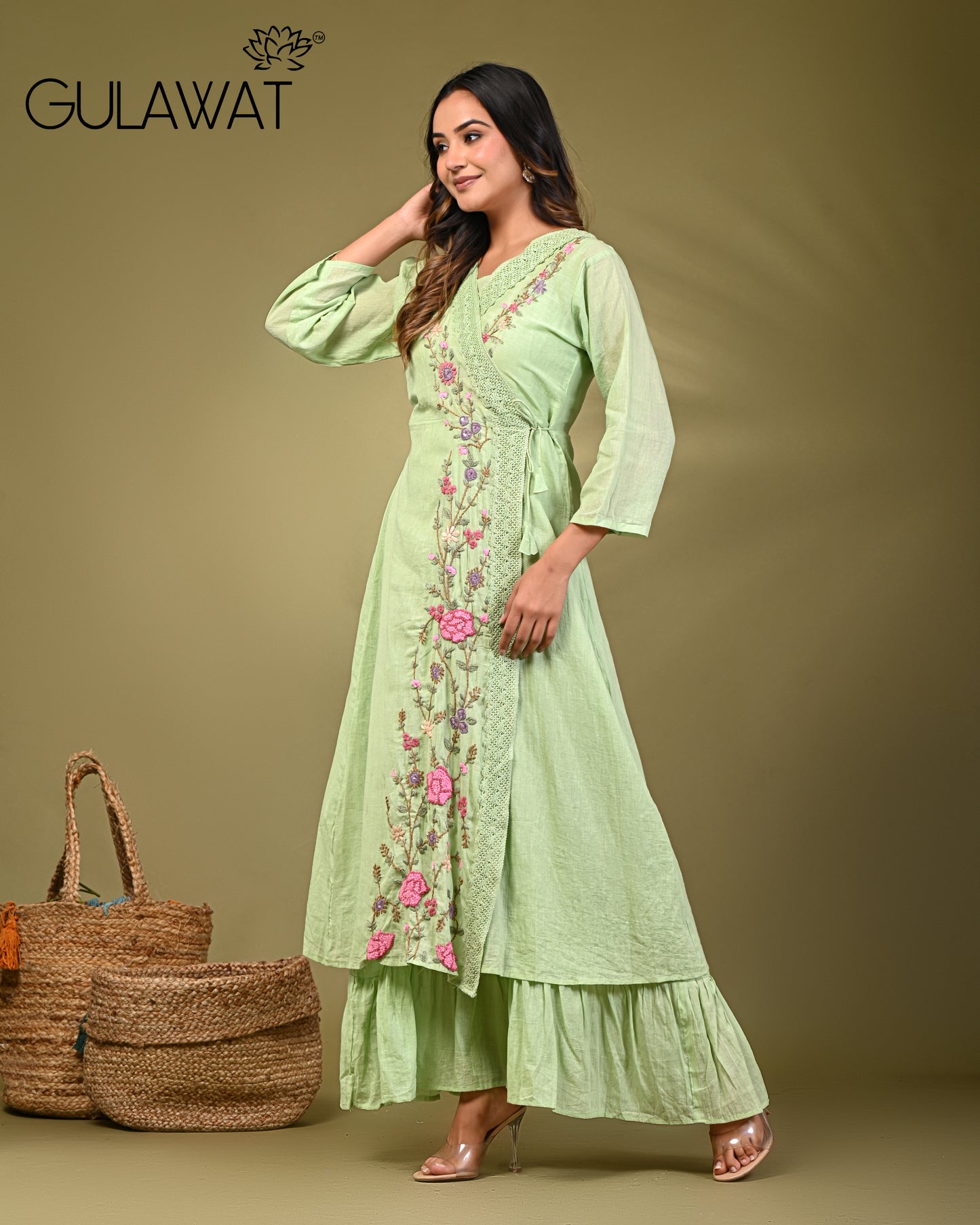 Gulawat Exclusive 2-Piece set Pure Mul Cotton Threadwork Angrakha Shrug Set with Inner & jacket