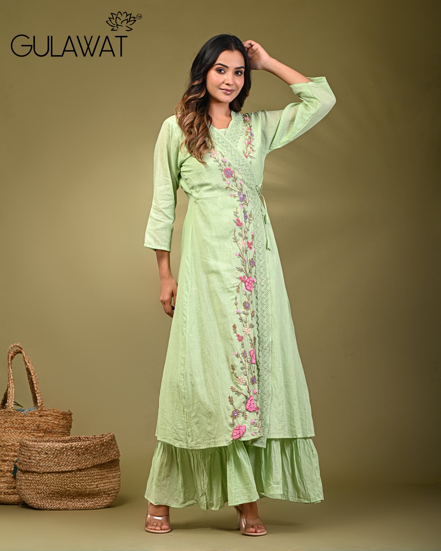 Gulawat Exclusive 2-Piece set Pure Mul Cotton Threadwork Angrakha Shrug Set with Inner & jacket