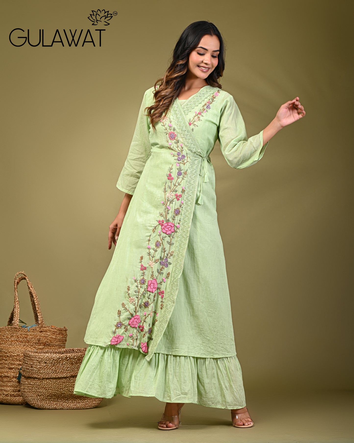 Gulawat Exclusive 2-Piece set Pure Mul Cotton Threadwork Angrakha Shrug Set with Inner & jacket
