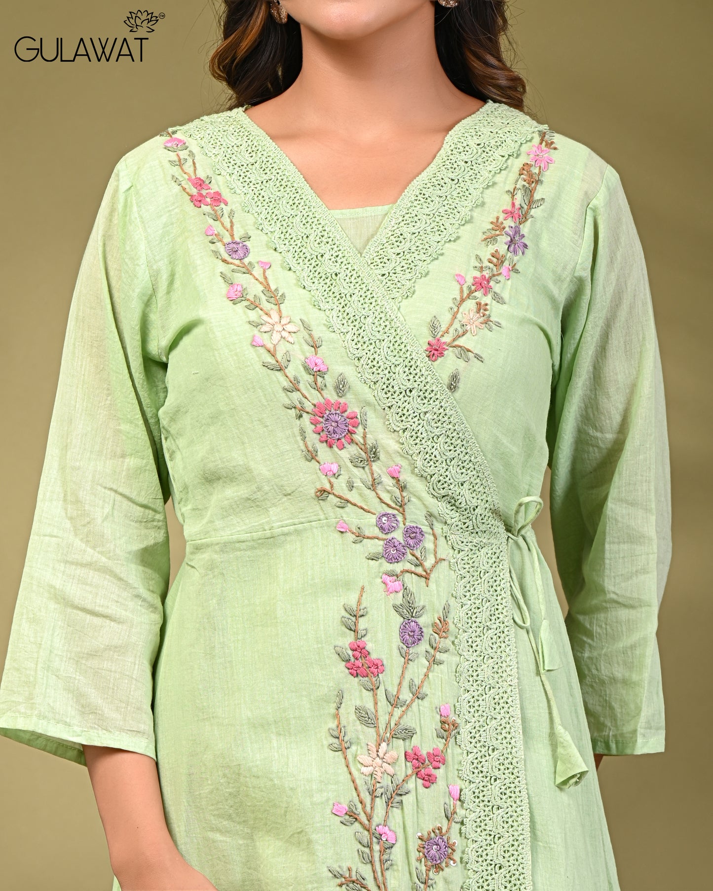 Gulawat Exclusive 2-Piece set Pure Mul Cotton Threadwork Angrakha Shrug Set with Inner & jacket