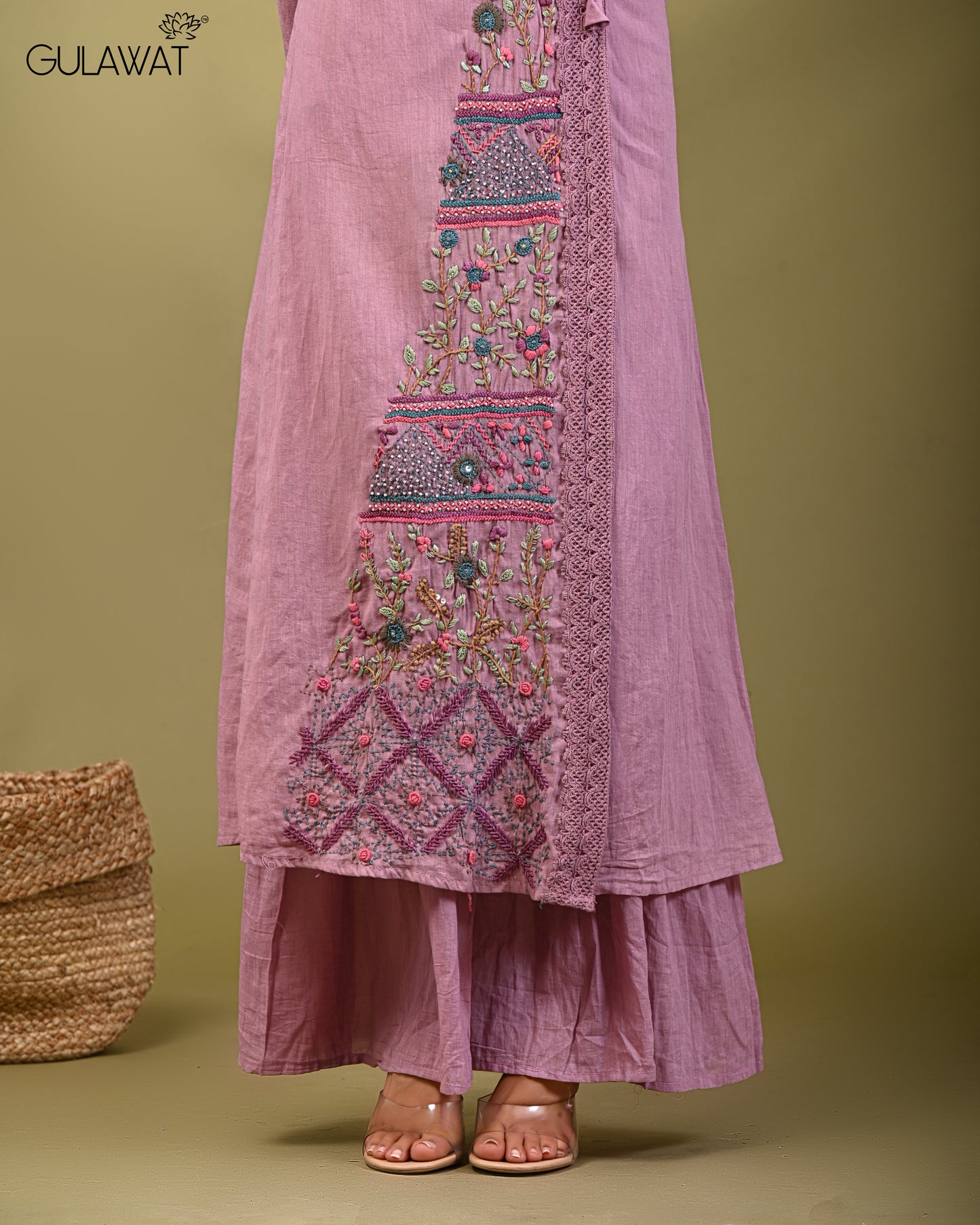 Purple Women's Exclusive Pure Mul Cotton Angrakha Hand Embroidered 2-Piece Set by Gulawat