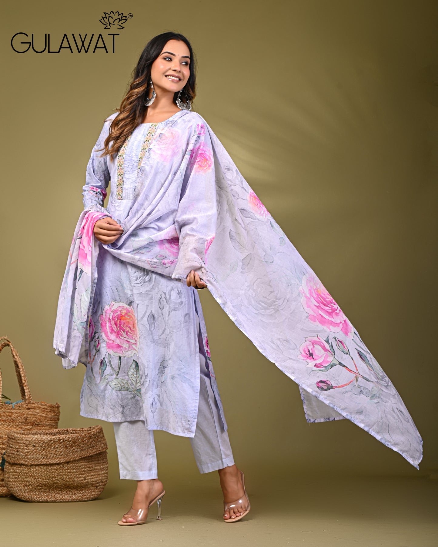 Purple Digital Floral Printed 60/60 Cotton Kurta || Pant with Dupatta ||3-Piece Set By ||Gulawat