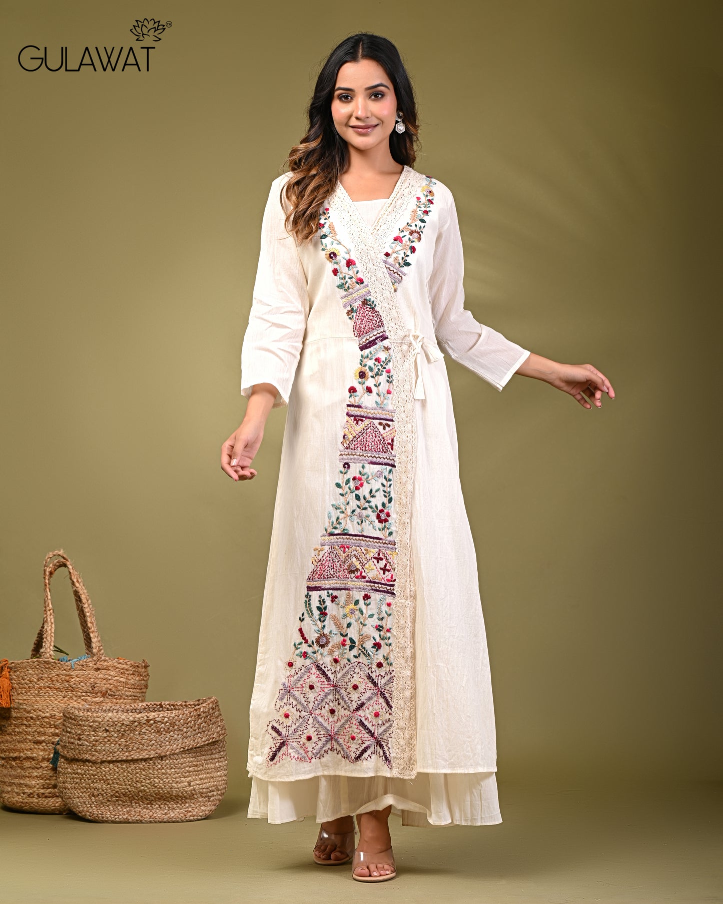 Gulawat White Angrakha 2-Piece Suit Pure Khadi Flex Cotton With Hand Work