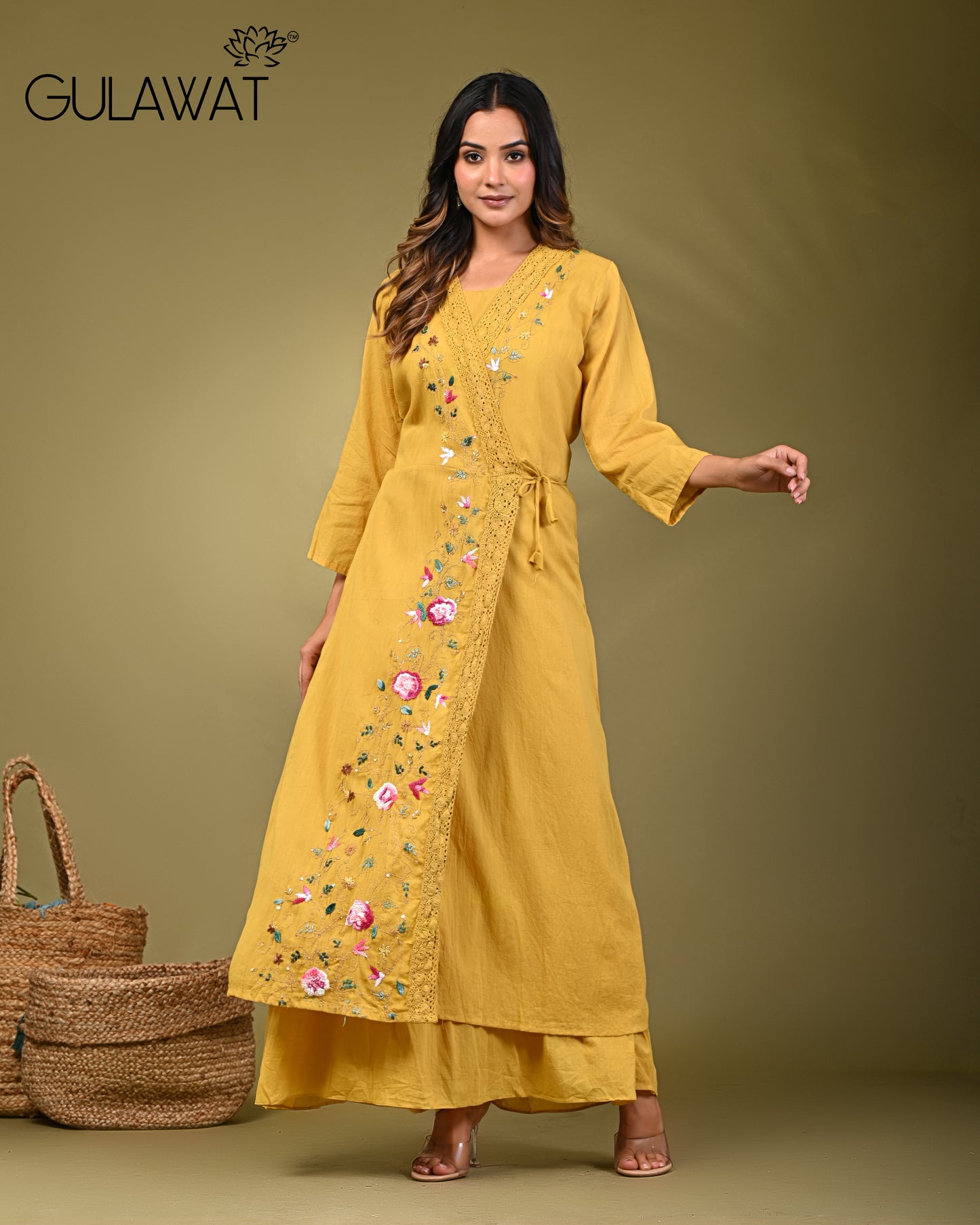 Gulawat Premium Women's Angrakha Style 2-Piece Set 100% Pure Mul Cotton with Embroidery &Threadwork.