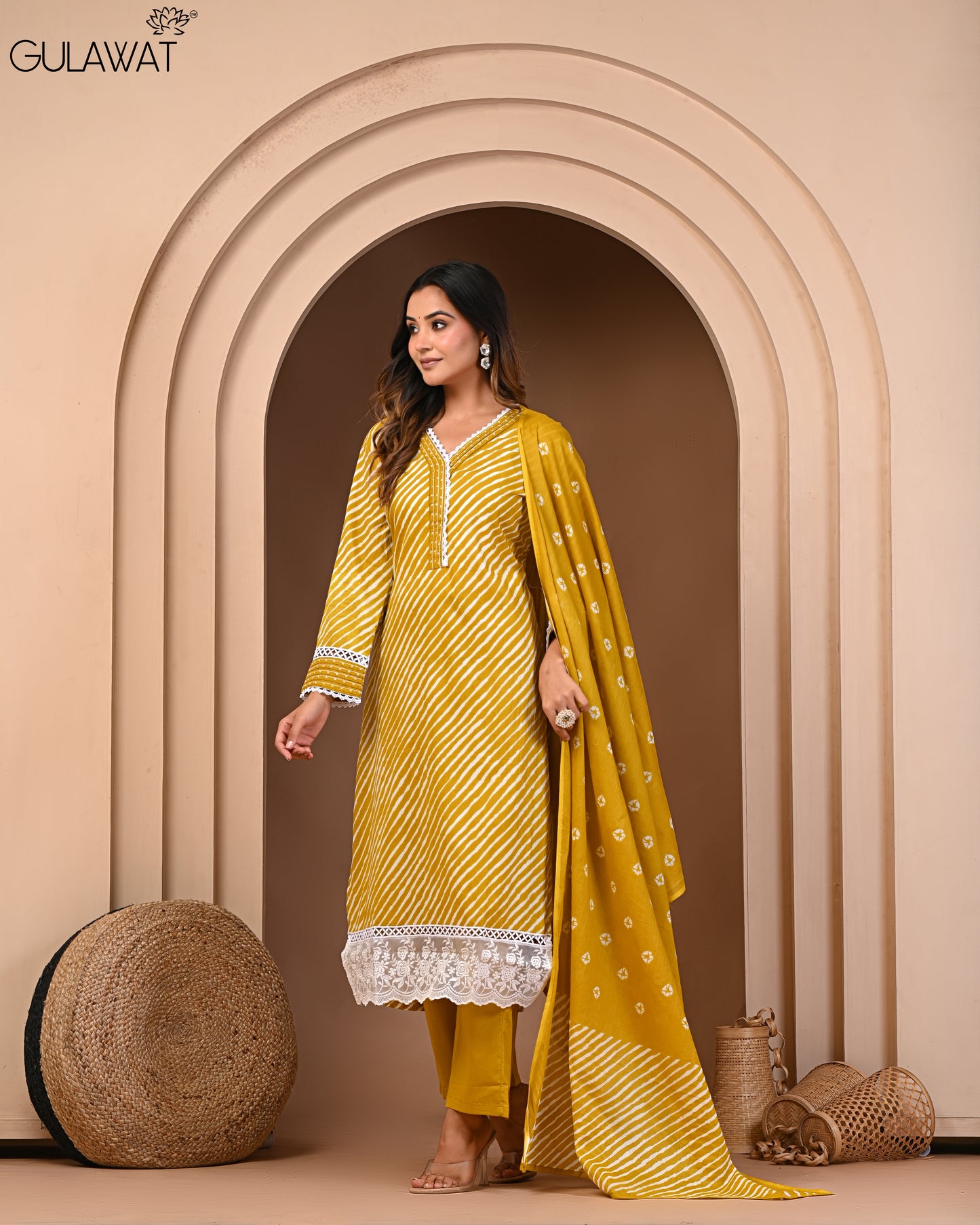 Gulawat Exclusive 3-Piece Kurta Set in Pure 60/60 Cotton with Digital print.