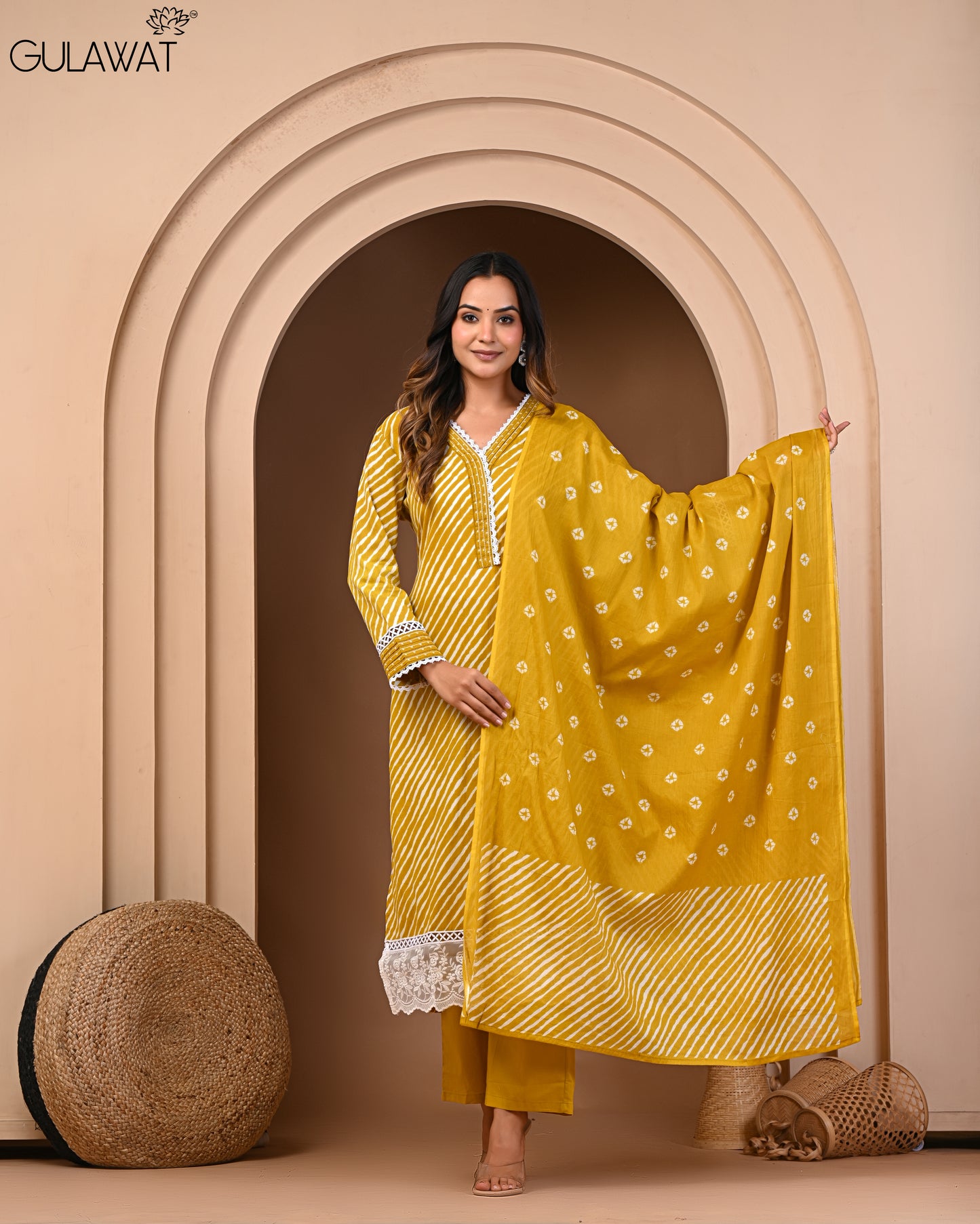 Gulawat Exclusive 3-Piece Kurta Set in Pure 60/60 Cotton with Digital print.