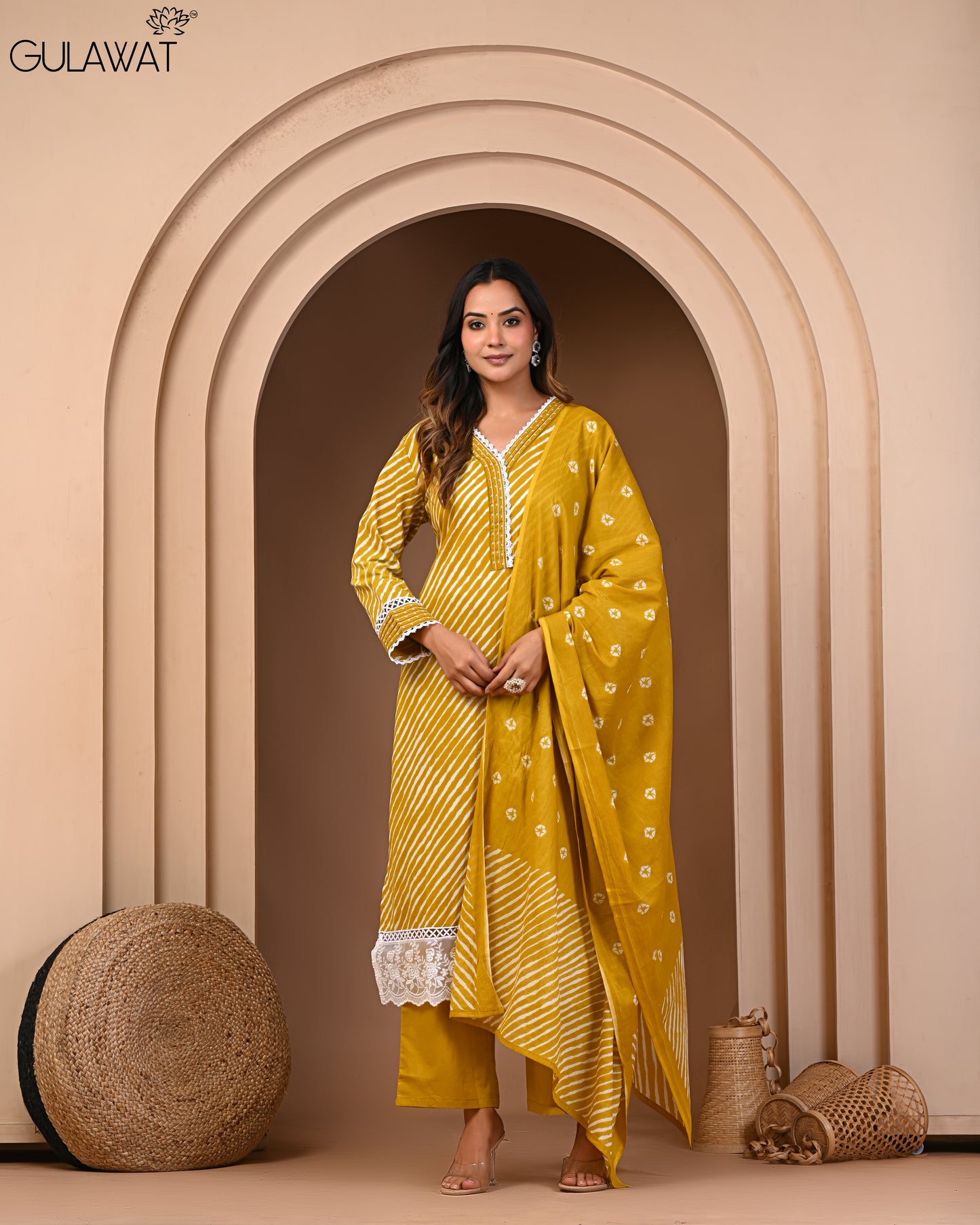 Gulawat Exclusive 3-Piece Kurta Set in Pure 60/60 Cotton with Digital print.