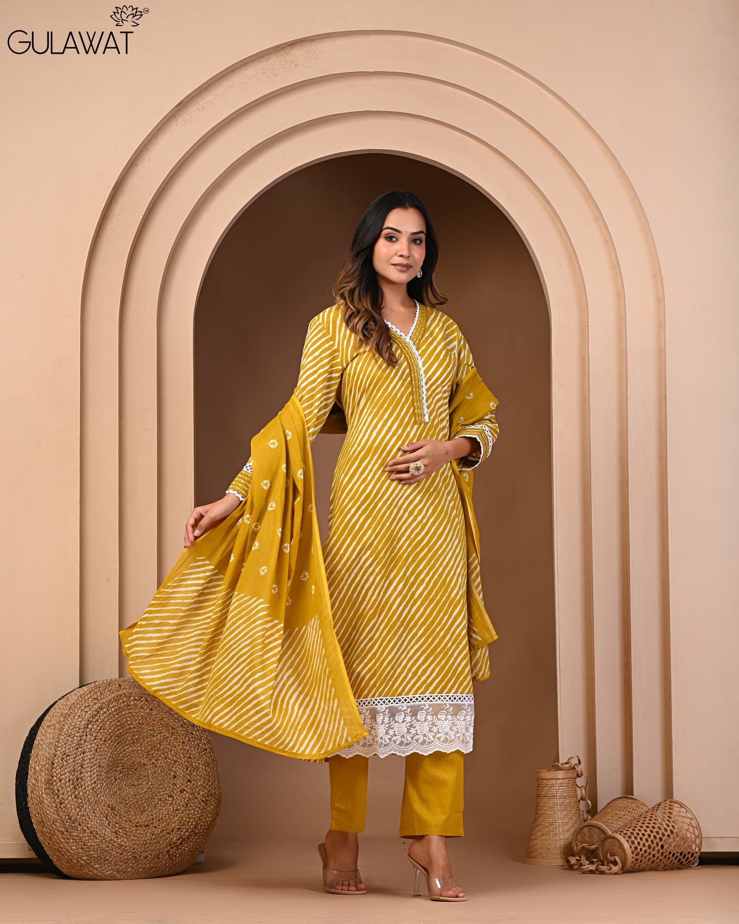 Gulawat Exclusive 3-Piece Kurta Set in Pure 60/60 Cotton with Digital print.