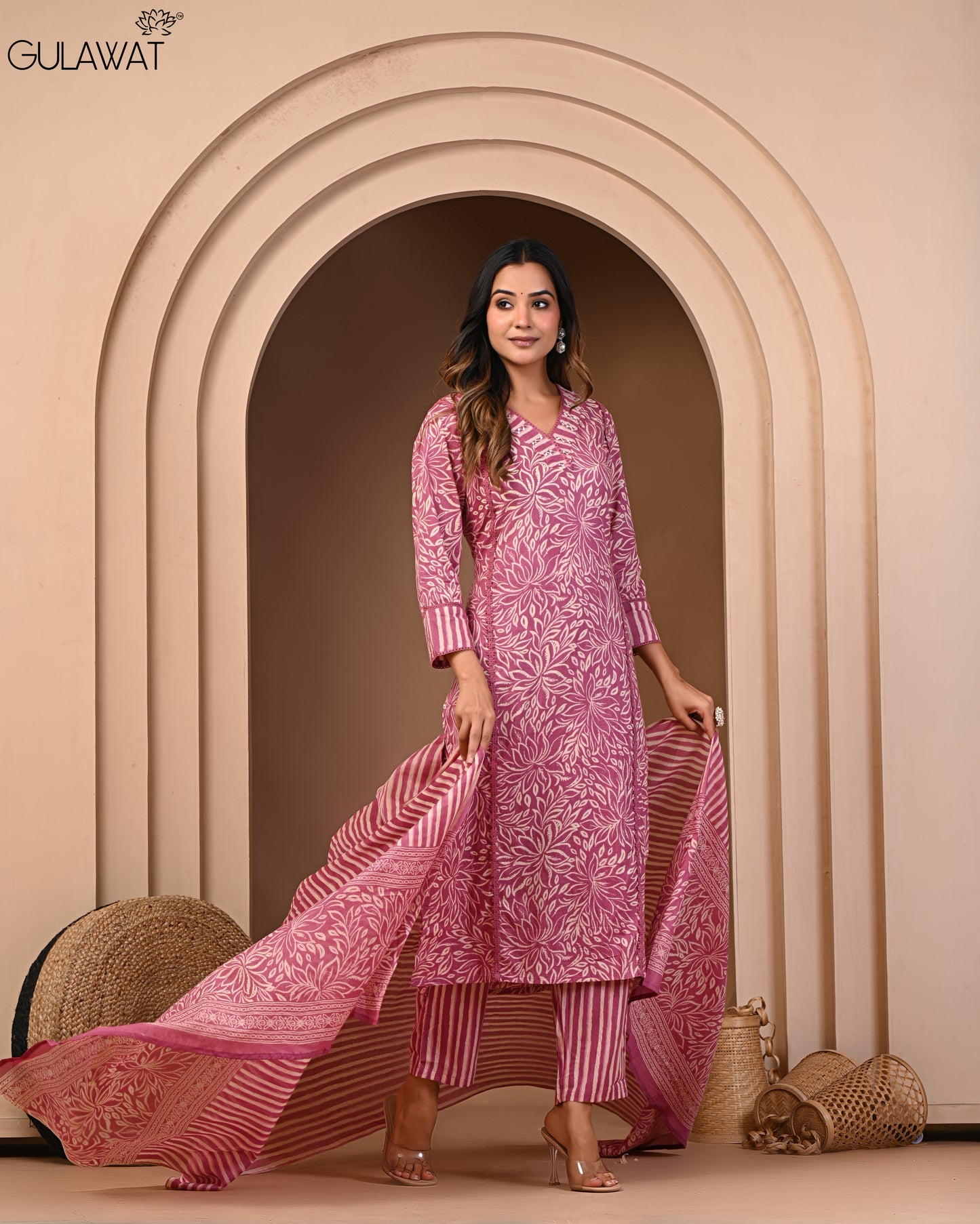 Gulawat Premium 100%Pure Cotton A-Line Kurta and Palazzo Set with Dupatta Dupatta 3-Piece Set