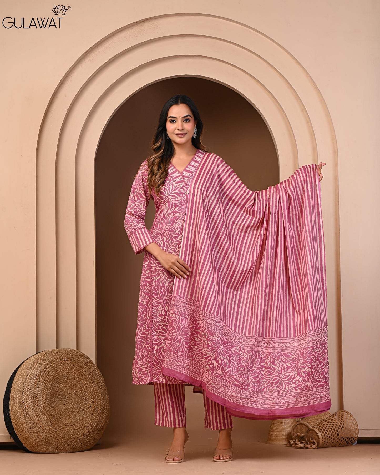 Gulawat Premium 100%Pure Cotton A-Line Kurta and Palazzo Set with Dupatta Dupatta 3-Piece Set