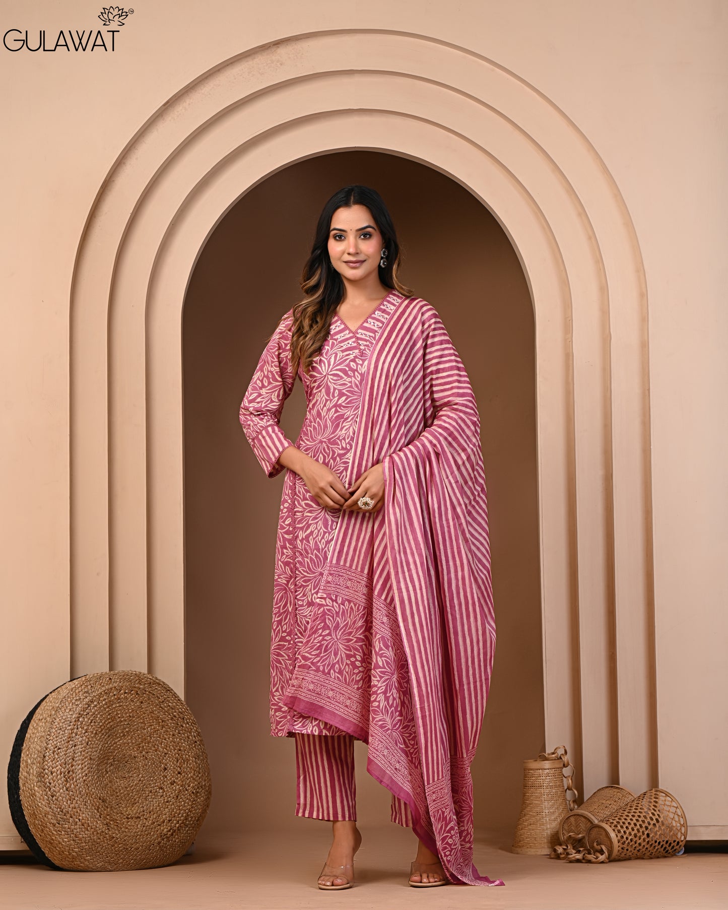 Gulawat Premium 100%Pure Cotton A-Line Kurta and Palazzo Set with Dupatta Dupatta 3-Piece Set