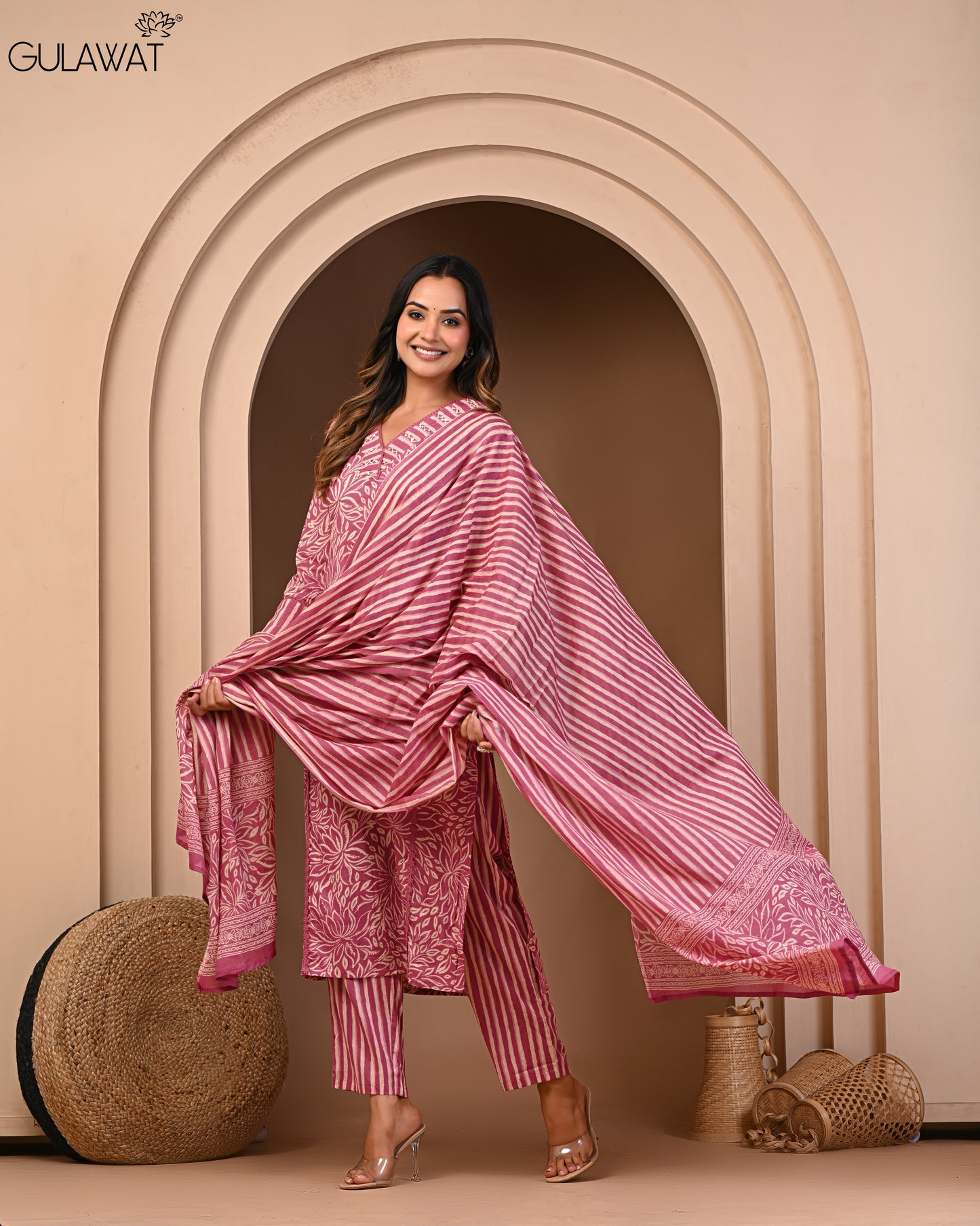 Gulawat Premium 100%Pure Cotton A-Line Kurta and Palazzo Set with Dupatta Dupatta 3-Piece Set