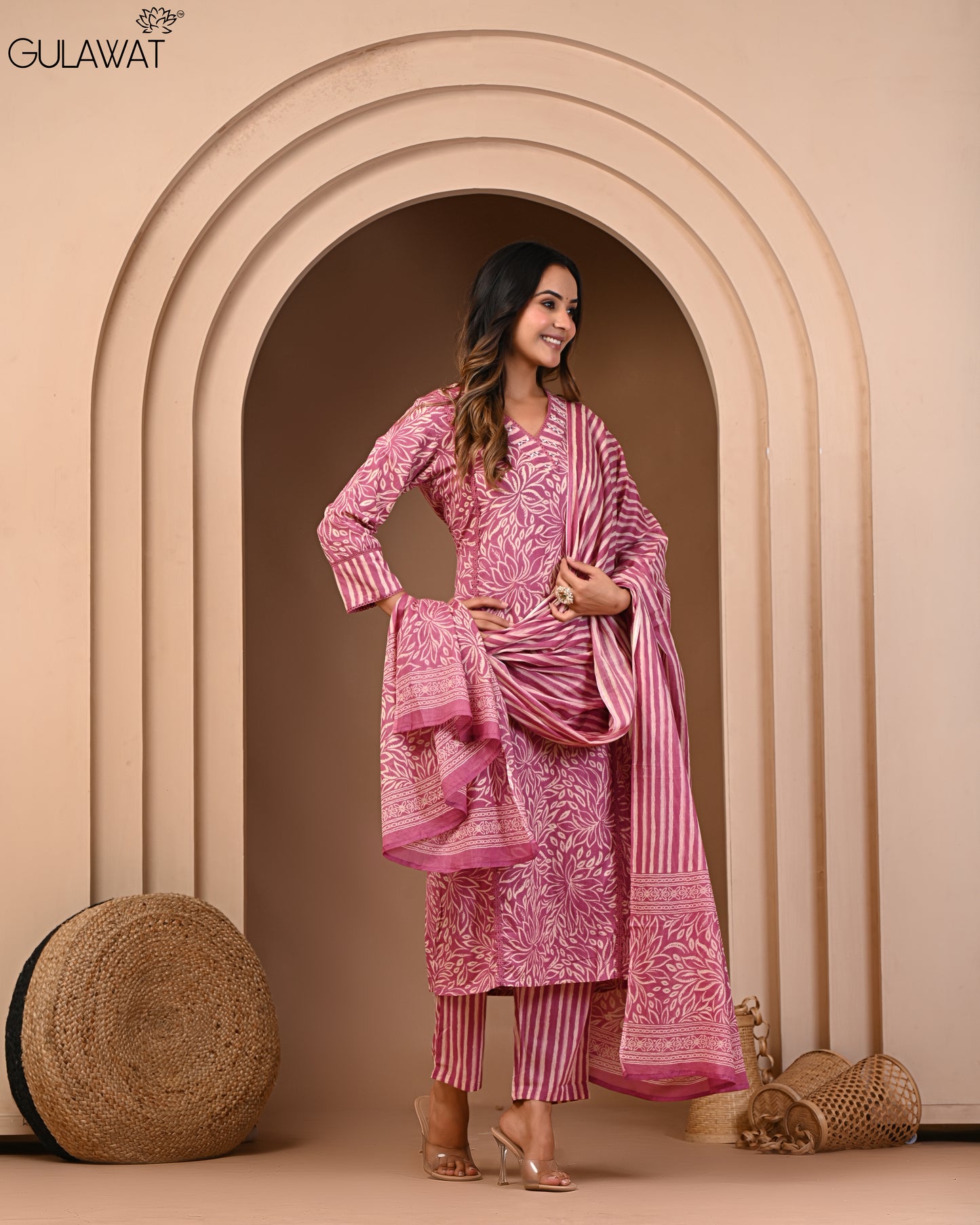 Gulawat Premium 100%Pure Cotton A-Line Kurta and Palazzo Set with Dupatta Dupatta 3-Piece Set