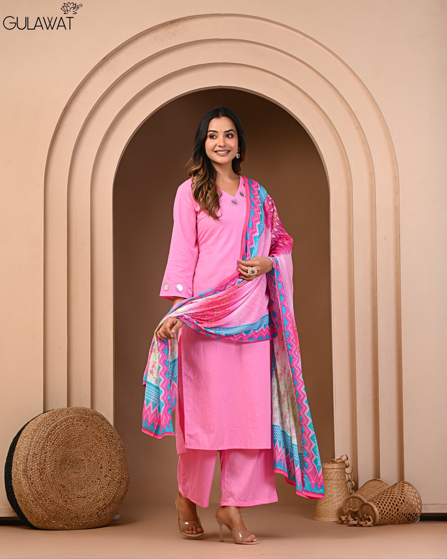 Women's Pink 3-Piece Set Pure 60/60 Cotton Kurta & Palazzo With Dupatta By Gulawat