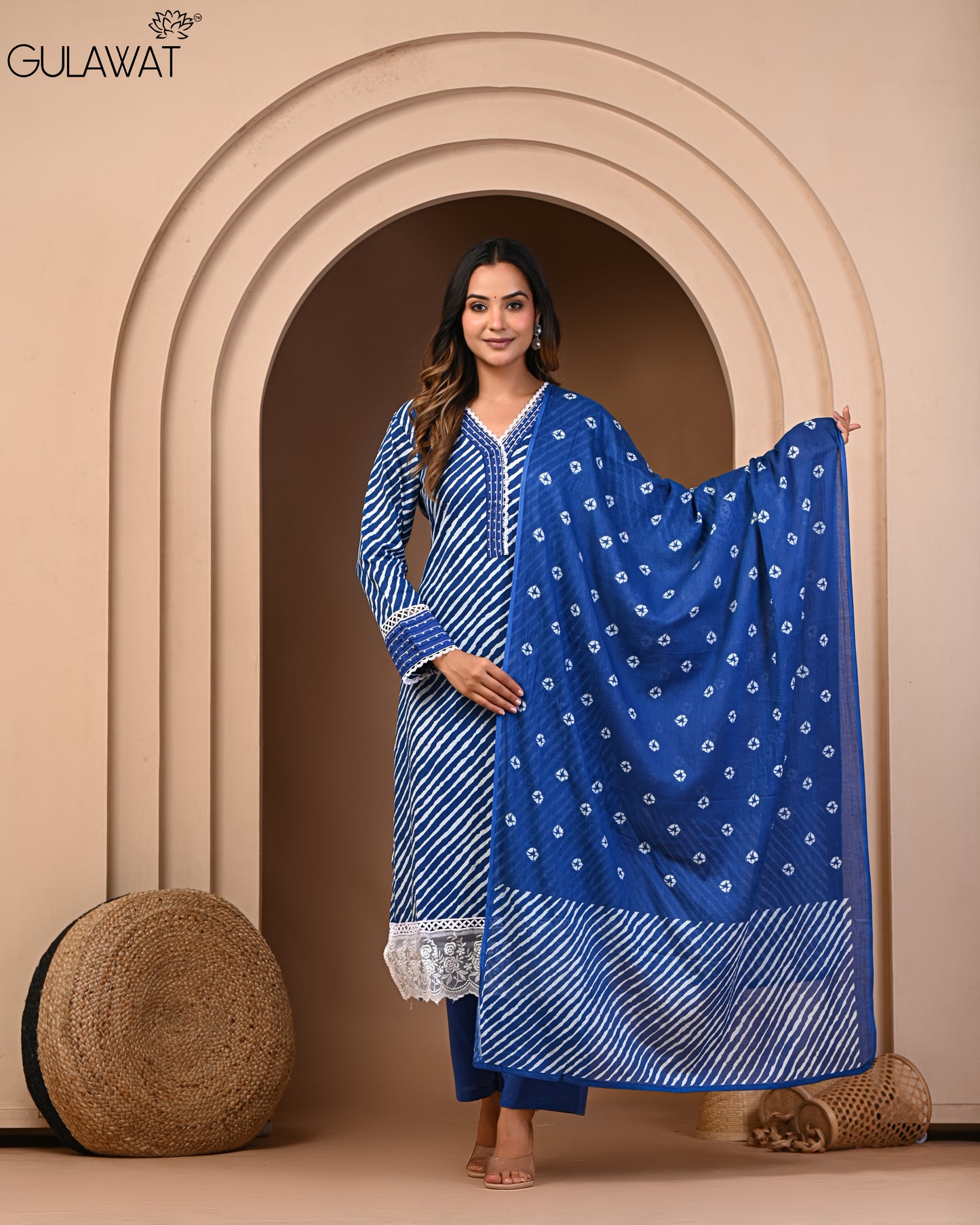 Dark Blue Suit Pure 60/60 Cotton Kurta & Pant With Dupatta 3- Piece Set By Gulawat
