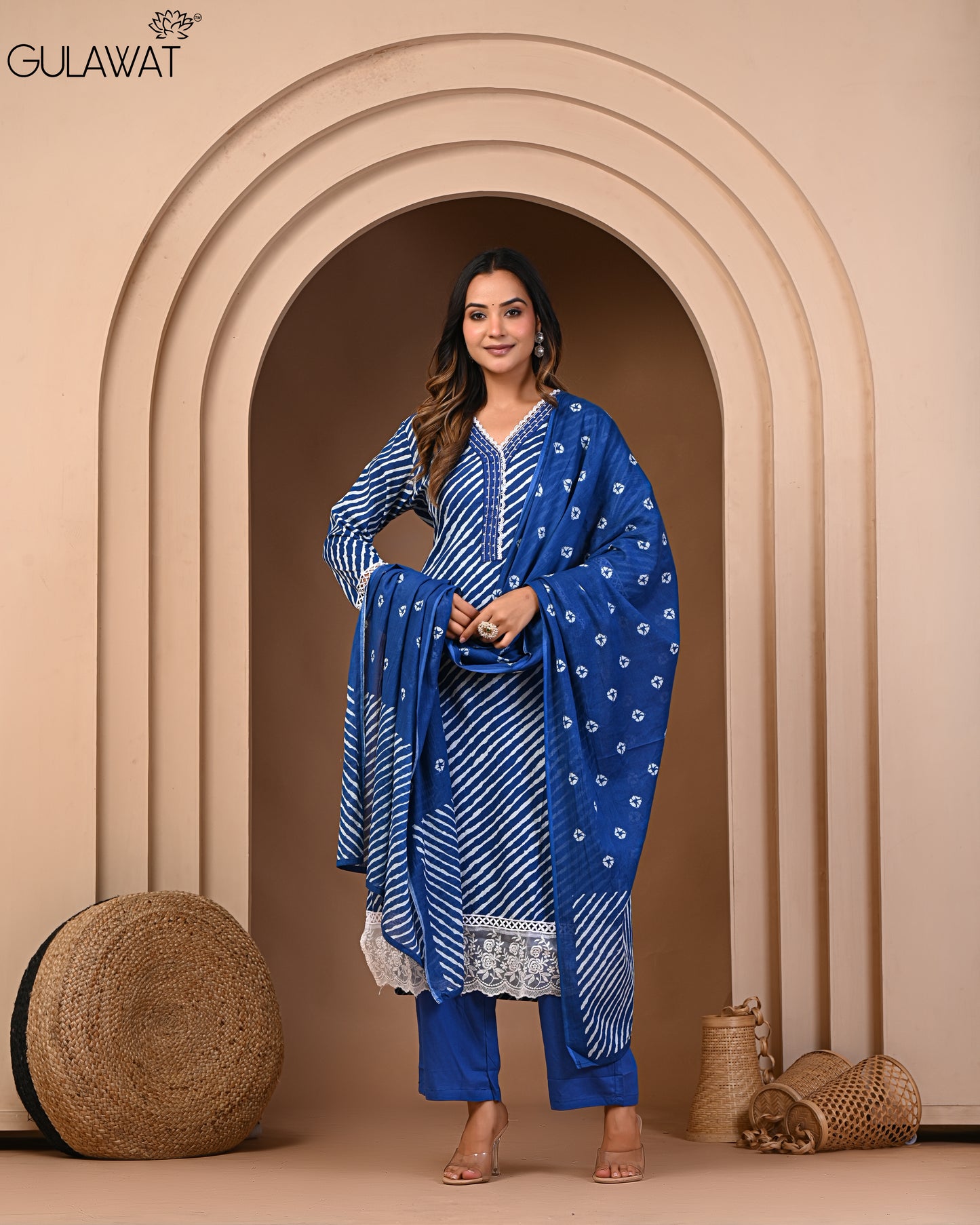 Dark Blue Suit Pure 60/60 Cotton Kurta & Pant With Dupatta 3- Piece Set By Gulawat