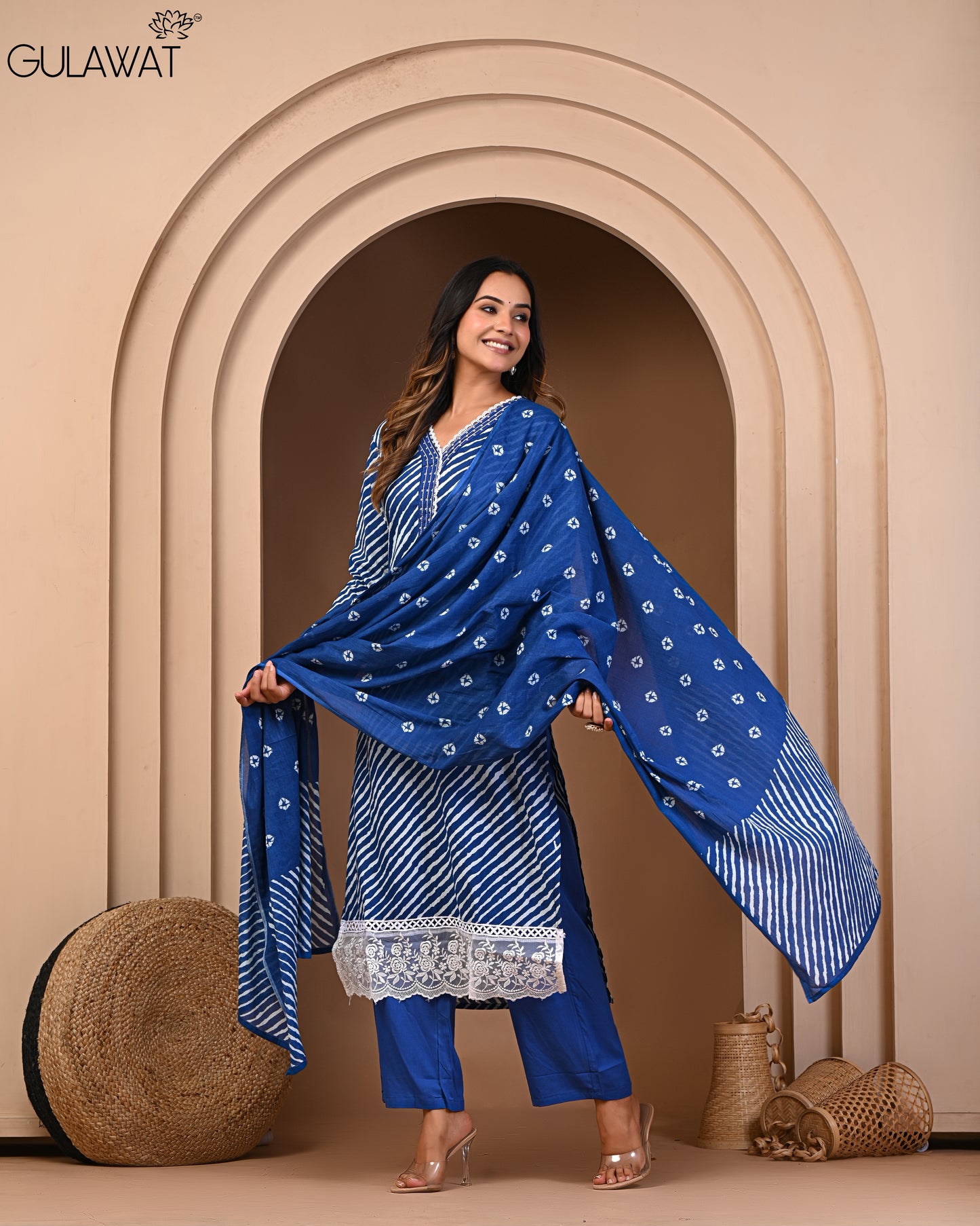 Dark Blue Suit Pure 60/60 Cotton Kurta & Pant With Dupatta 3- Piece Set By Gulawat