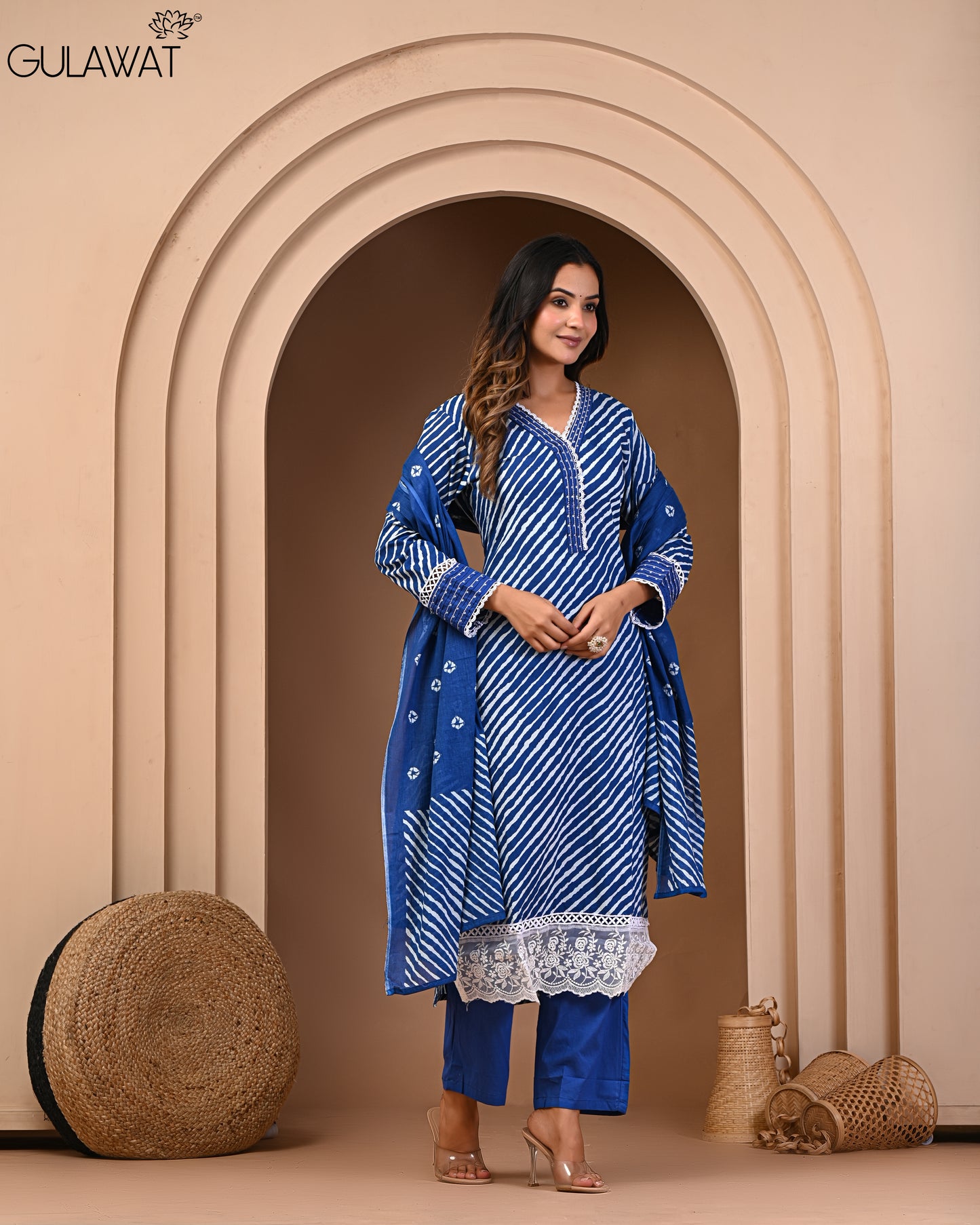 Dark Blue Suit Pure 60/60 Cotton Kurta & Pant With Dupatta 3- Piece Set By Gulawat