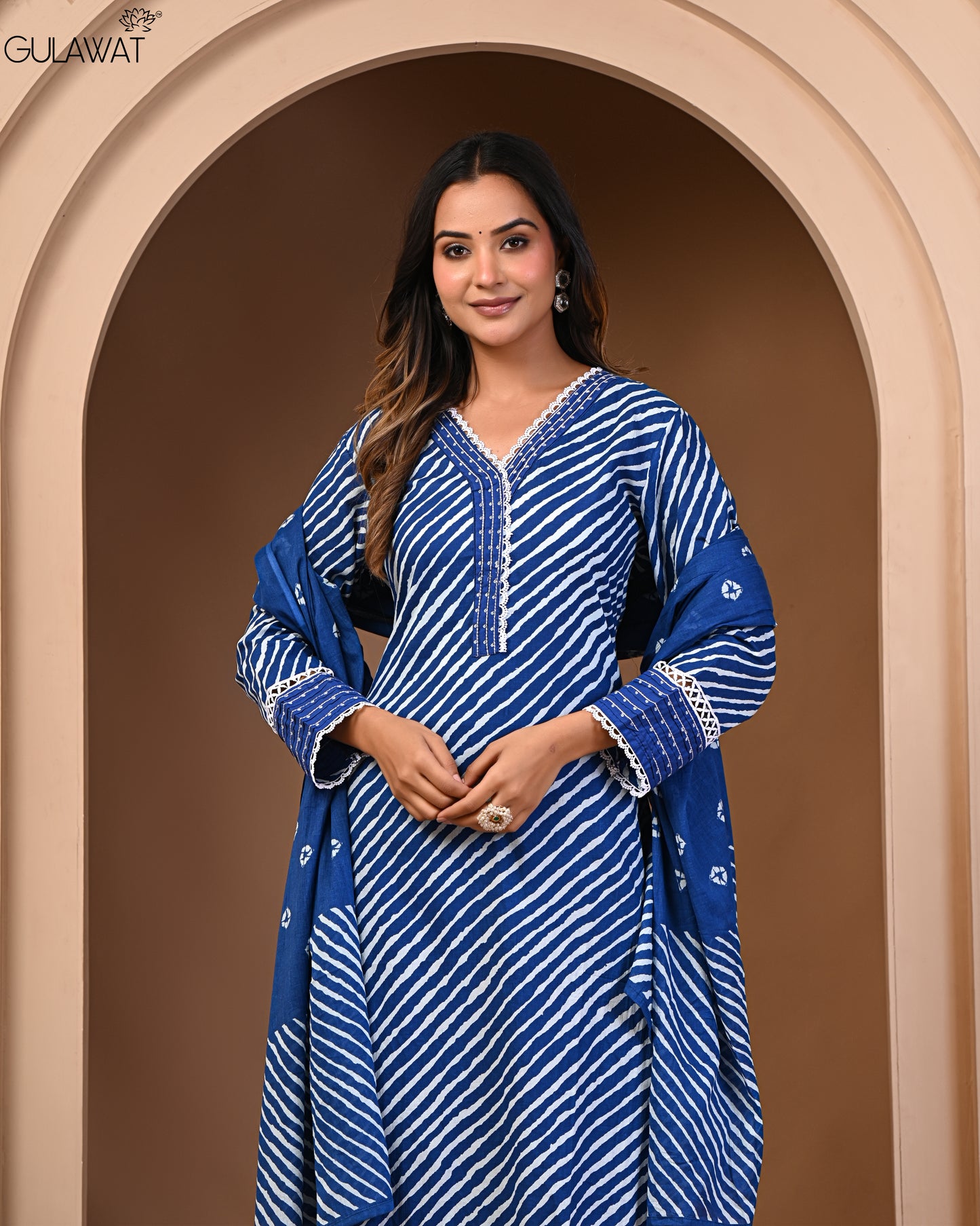 Dark Blue Suit Pure 60/60 Cotton Kurta & Pant With Dupatta 3- Piece Set By Gulawat
