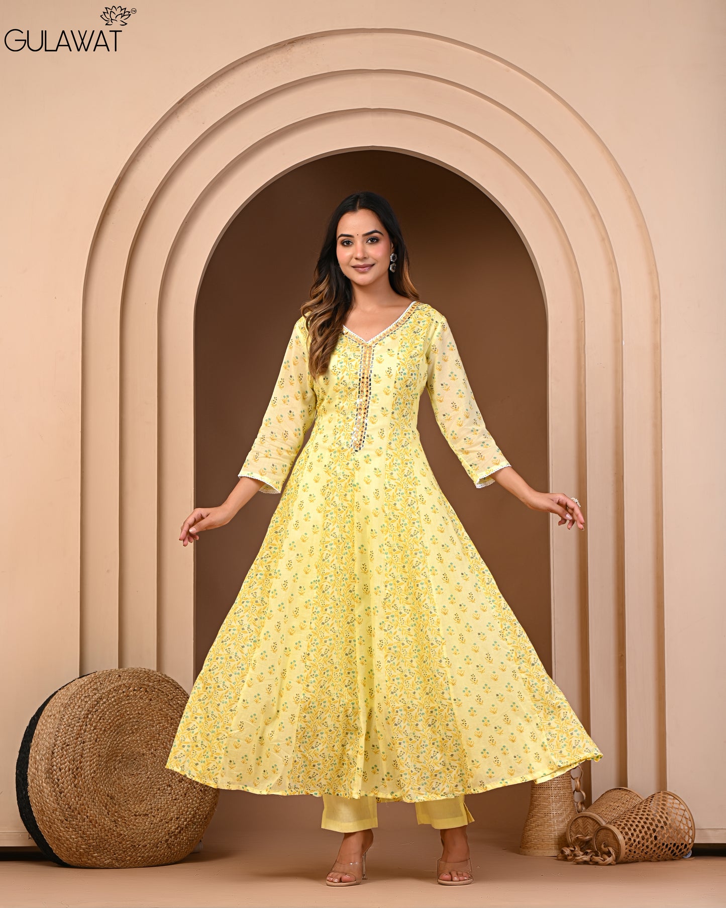 Pure Mul Cotton Bright Yellow Anarkali Kurta By Gulawat