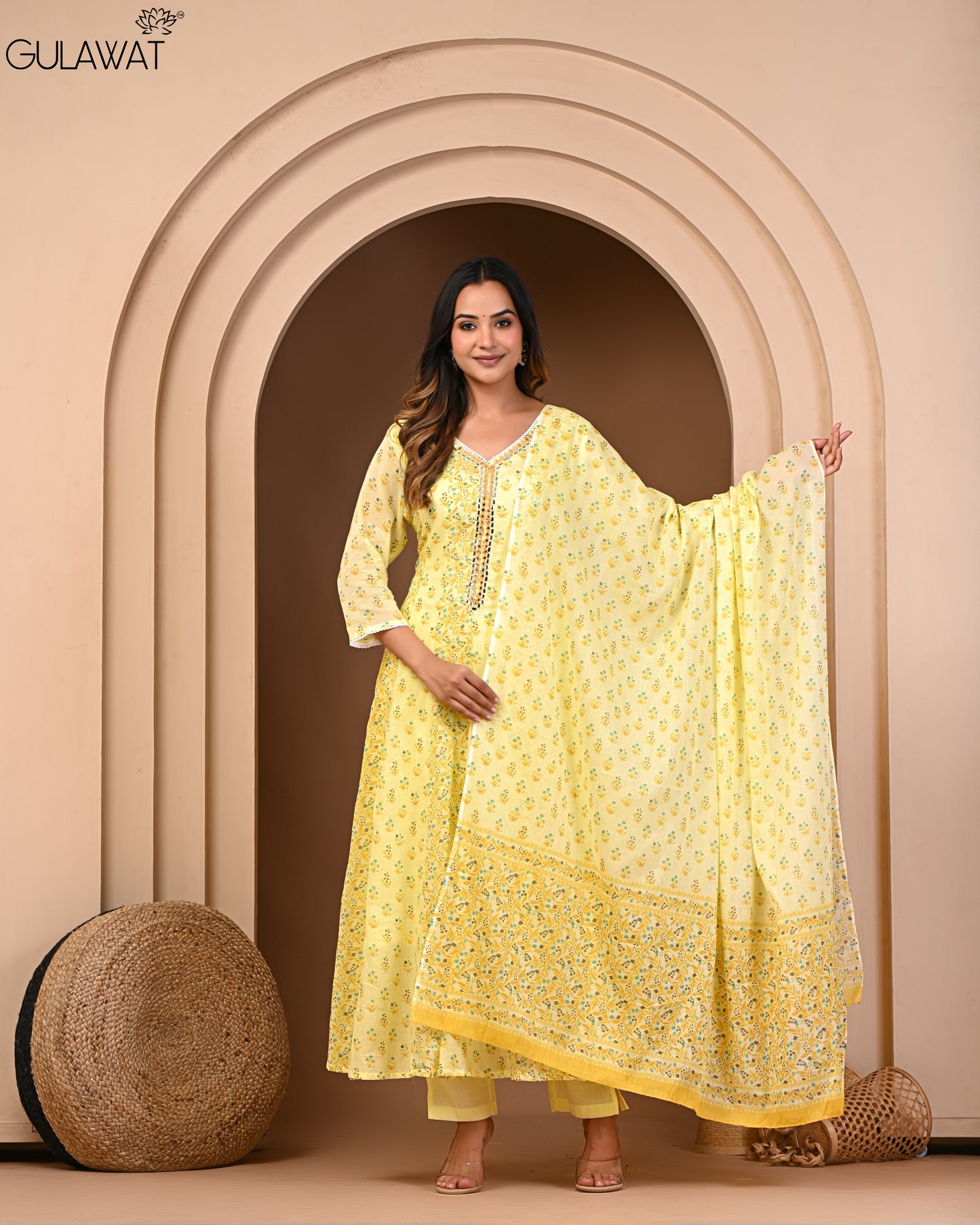 Pure Mul Cotton Bright Yellow Anarkali Kurta By Gulawat