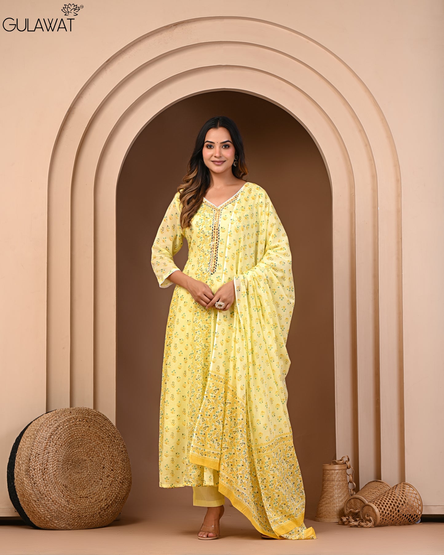 Pure Mul Cotton Bright Yellow Anarkali Kurta By Gulawat