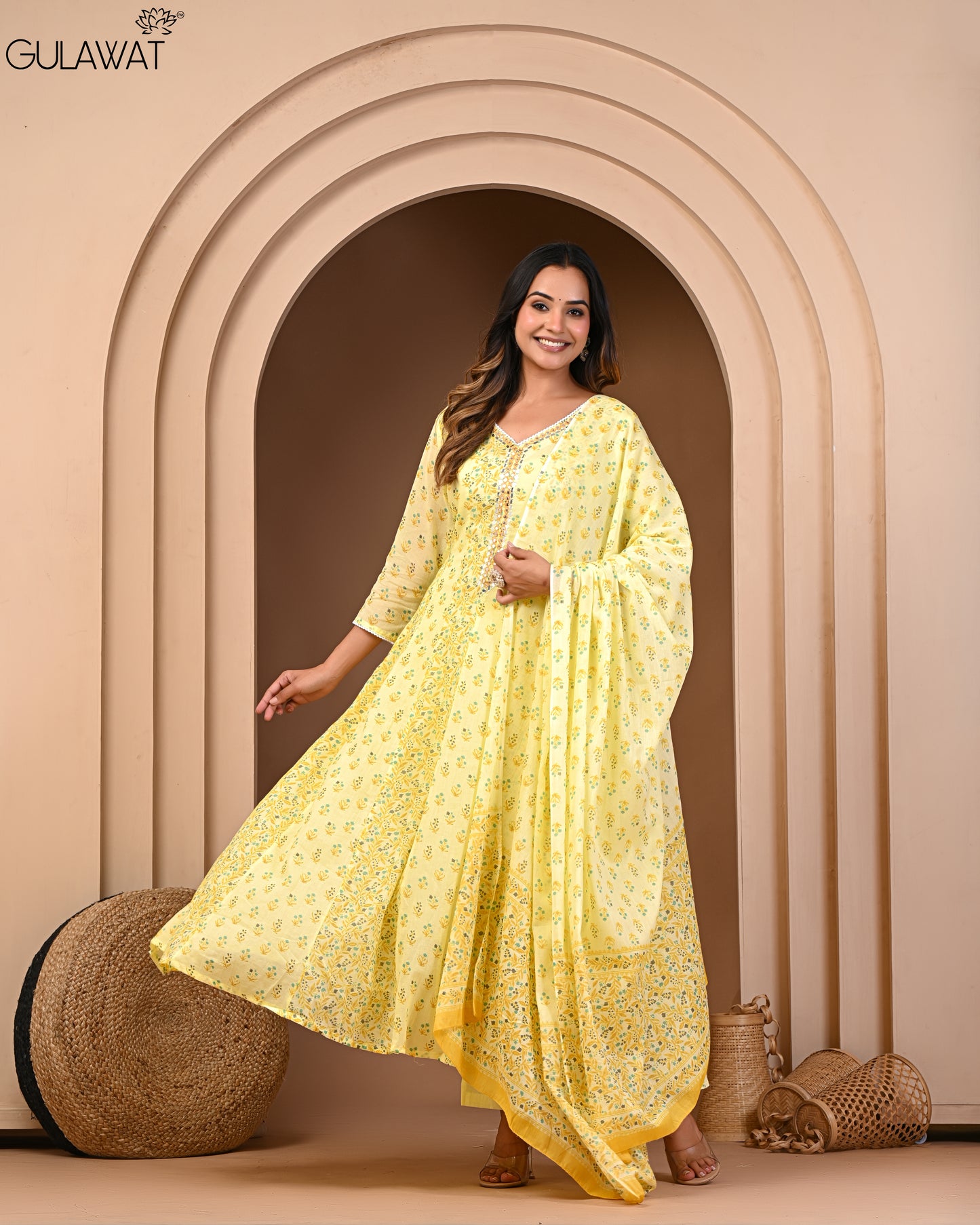 Pure Mul Cotton Bright Yellow Anarkali Kurta By Gulawat