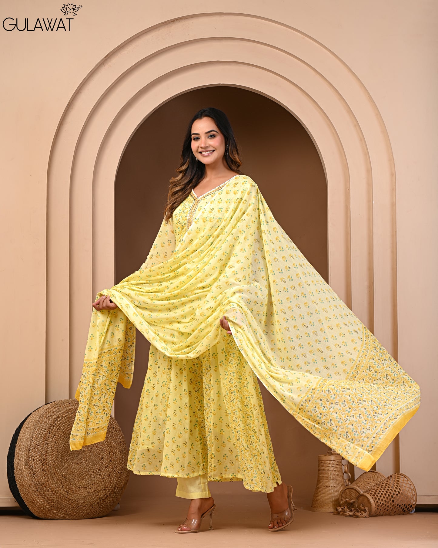 Pure Mul Cotton Bright Yellow Anarkali Kurta By Gulawat