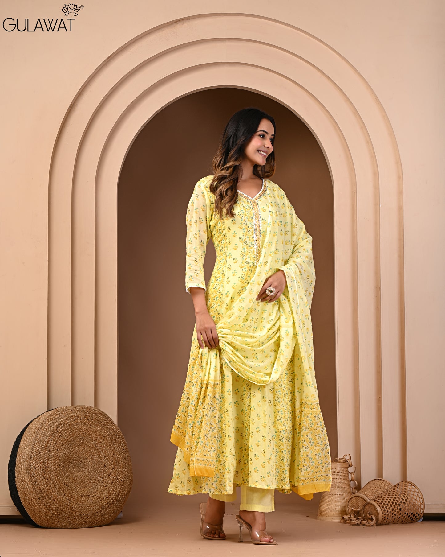 Pure Mul Cotton Bright Yellow Anarkali Kurta By Gulawat