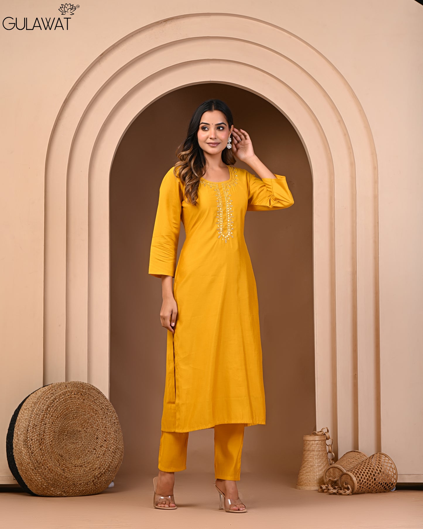 Gulawat Exclusive Collection Kesari Roman Silk Muslin 3-Piece Suit "Kurta/Pant/Dupatta"