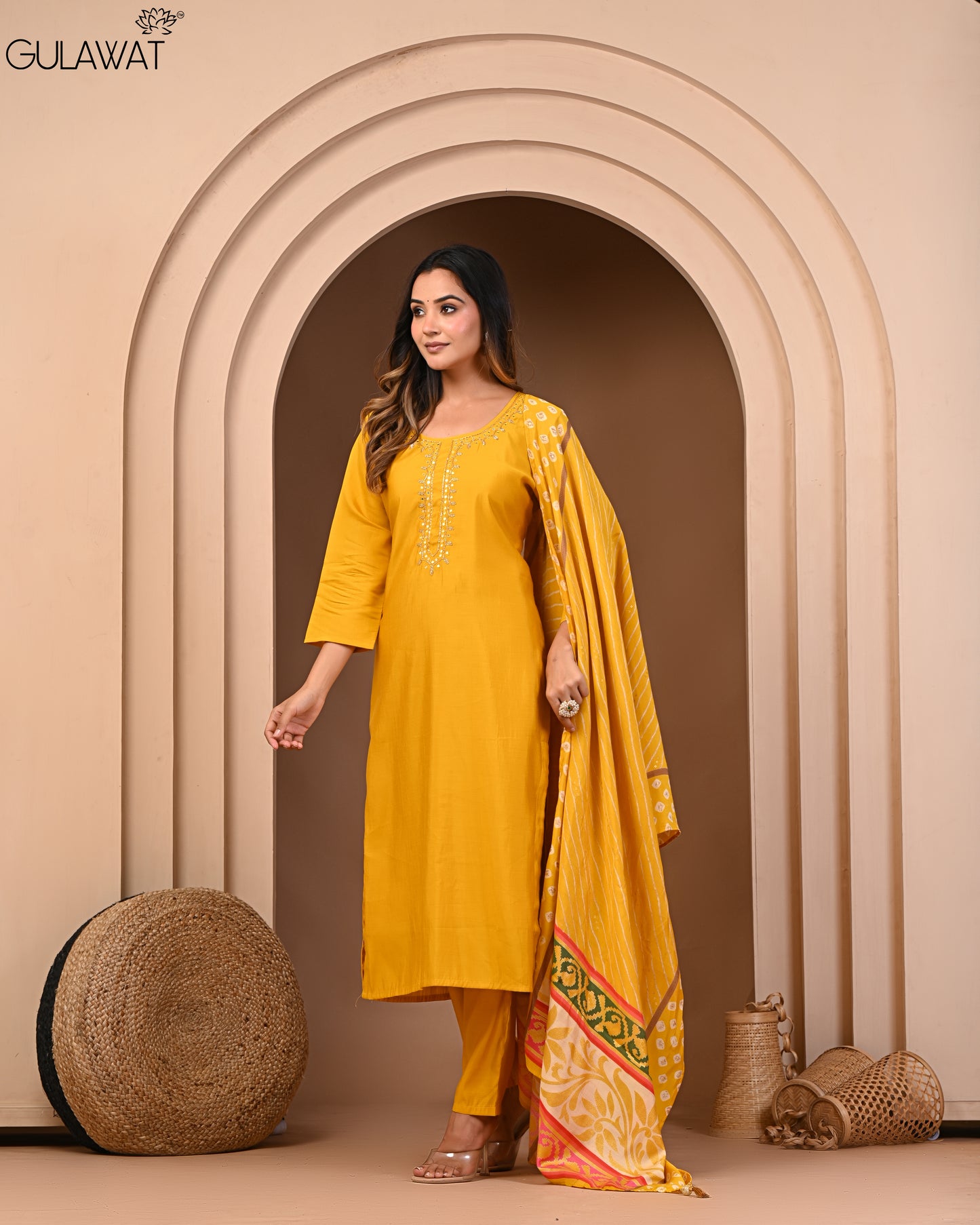 Gulawat Exclusive Collection Kesari Roman Silk Muslin 3-Piece Suit "Kurta/Pant/Dupatta"