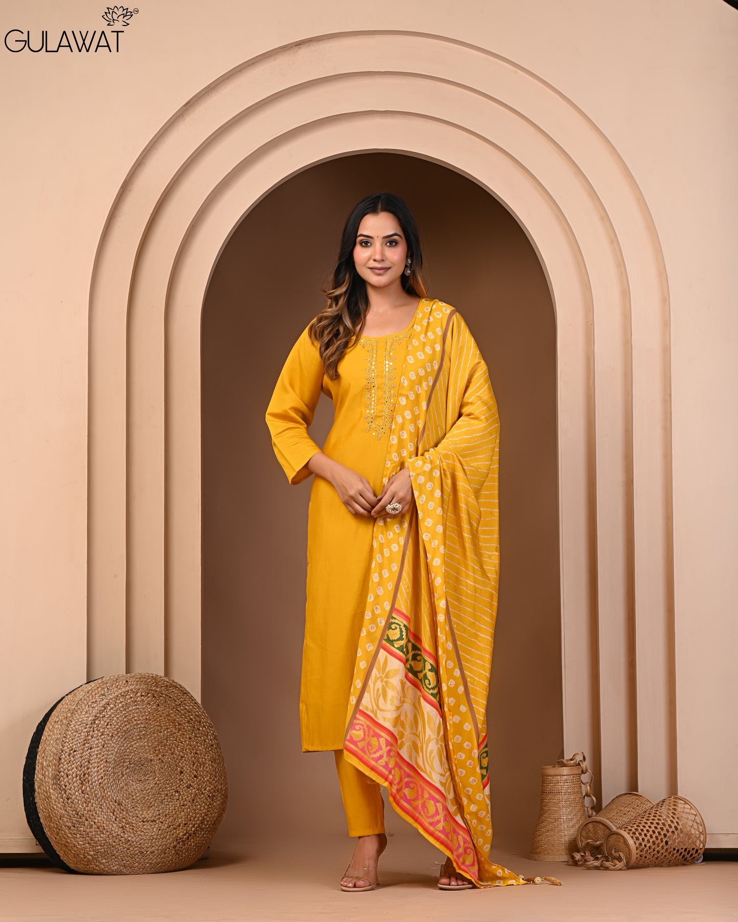 Gulawat Exclusive Collection Kesari Roman Silk Muslin 3-Piece Suit "Kurta/Pant/Dupatta"