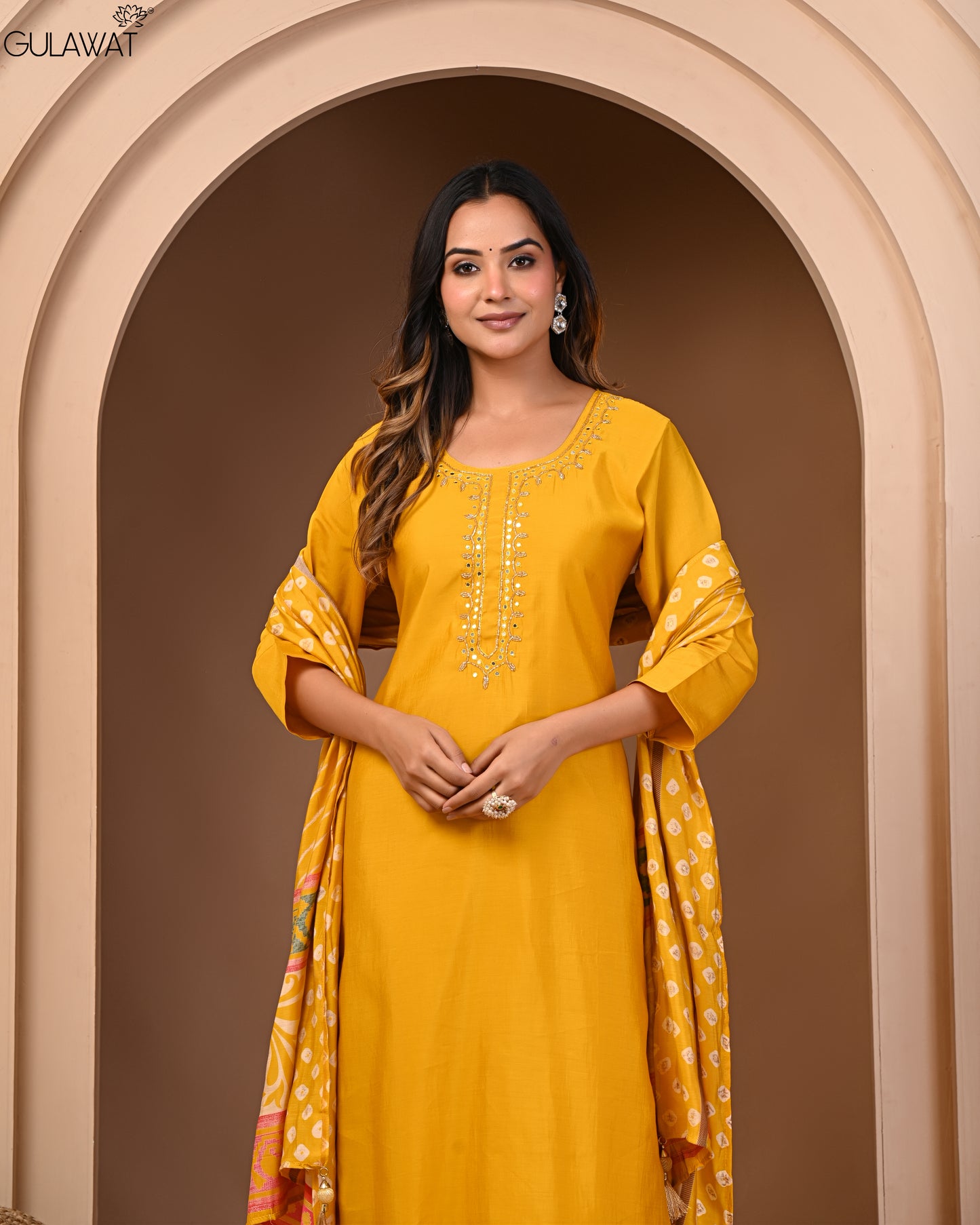 Gulawat Exclusive Collection Kesari Roman Silk Muslin 3-Piece Suit "Kurta/Pant/Dupatta"