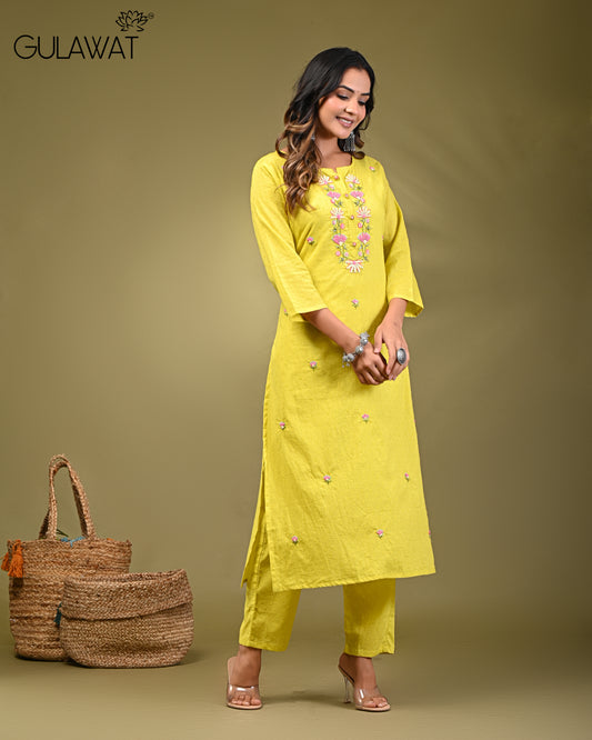 Gulawat Women's Yellow Handcrafted Dobbie Cotton 2-Piece Set Kurta