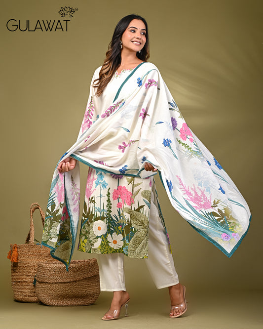 Women's White Pure Mul Cotton with Floral Digital Print Kurta with Pant And Dupatta 3 Piece Kurta set by Gulawat