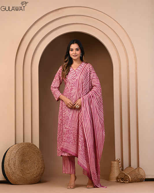 Gulawat Premium 100%Pure Cotton A-Line Kurta and Palazzo Set with Dupatta Dupatta 3-Piece Set
