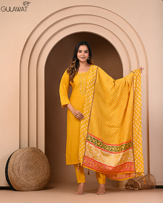 Gulawat Exclusive Collection Kesari Roman Silk Muslin 3-Piece Suit "Kurta/Pant/Dupatta"