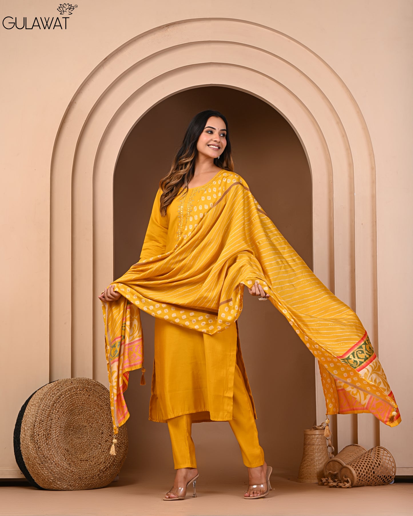 Gulawat Exclusive Collection Kesari Roman Silk Muslin 3-Piece Suit "Kurta/Pant/Dupatta"