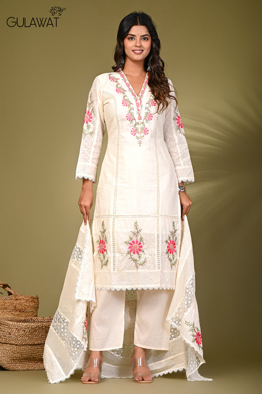 White & Pink Floral Embroidered V Neck Pure Cotton Kurta & Pant With Dupatta 3 Piece suit By Gulawat